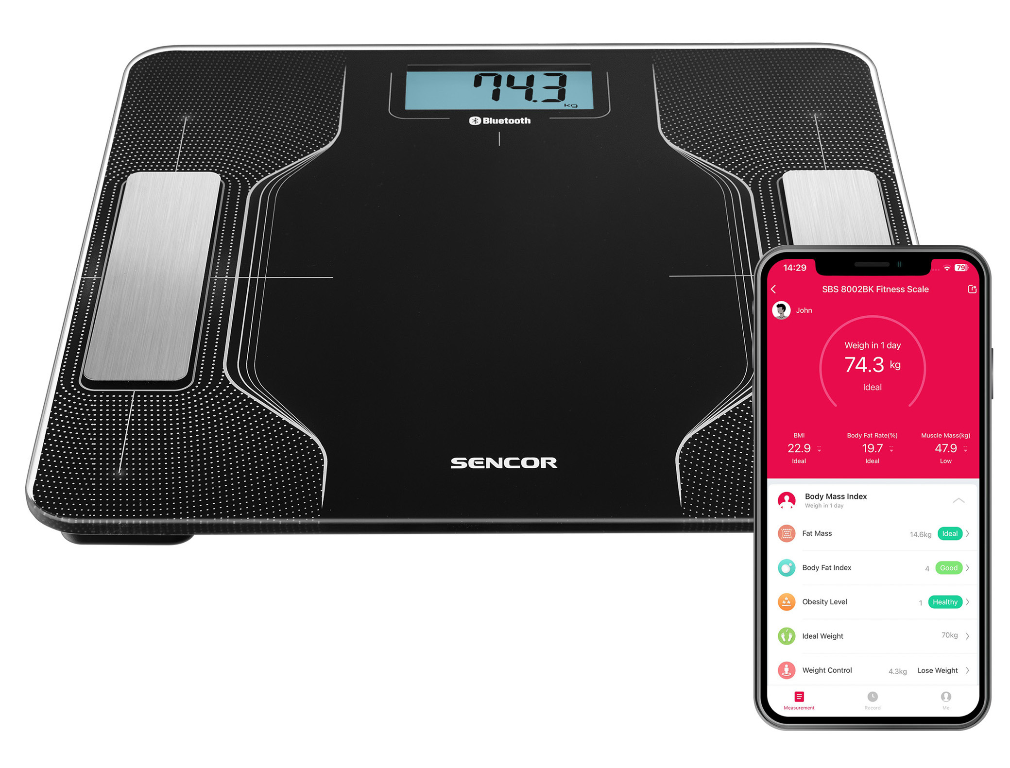 Czarna waga z telefonem wyświetlającym metryki ciała.