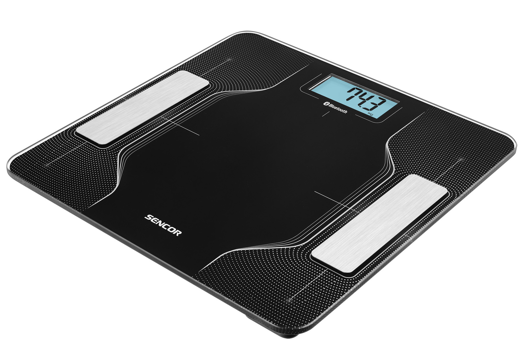 Czarno-srebrna cyfrowa waga łazienkowa pokazująca wagę 74,3.
