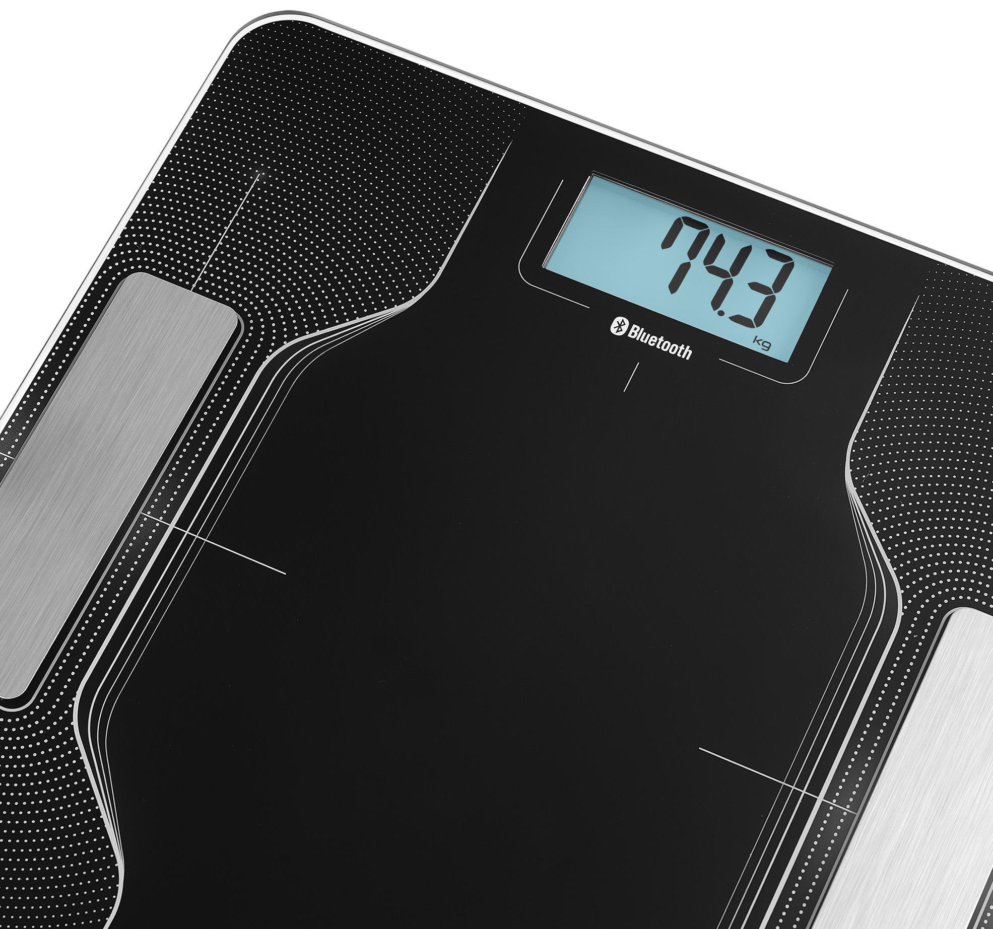 Czarna waga cyfrowa pokazująca 74,3 kg, z logo Bluetooth.