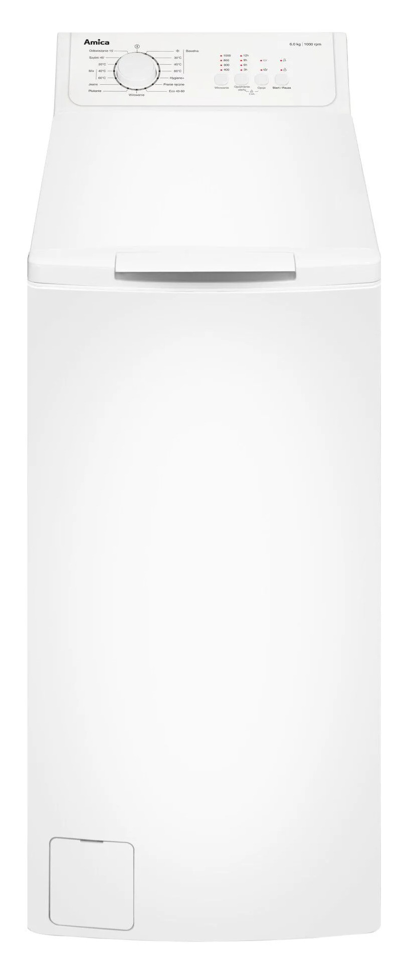 Biała pralka Amica z panelem sterowania u góry i drzwiami na dole.