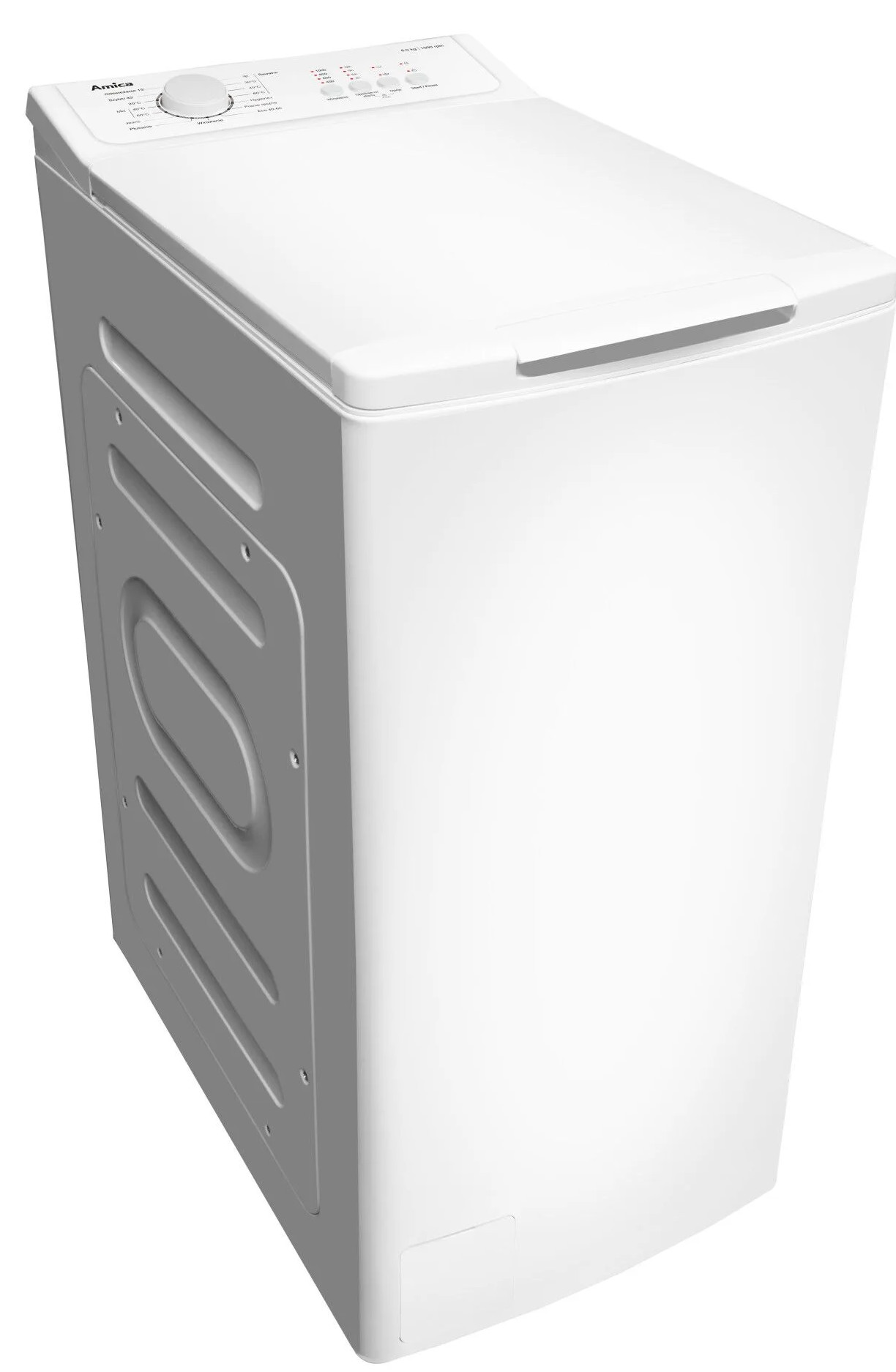 Biała pralka ładowana od góry z panelem sterowania na górze, widok z góry.