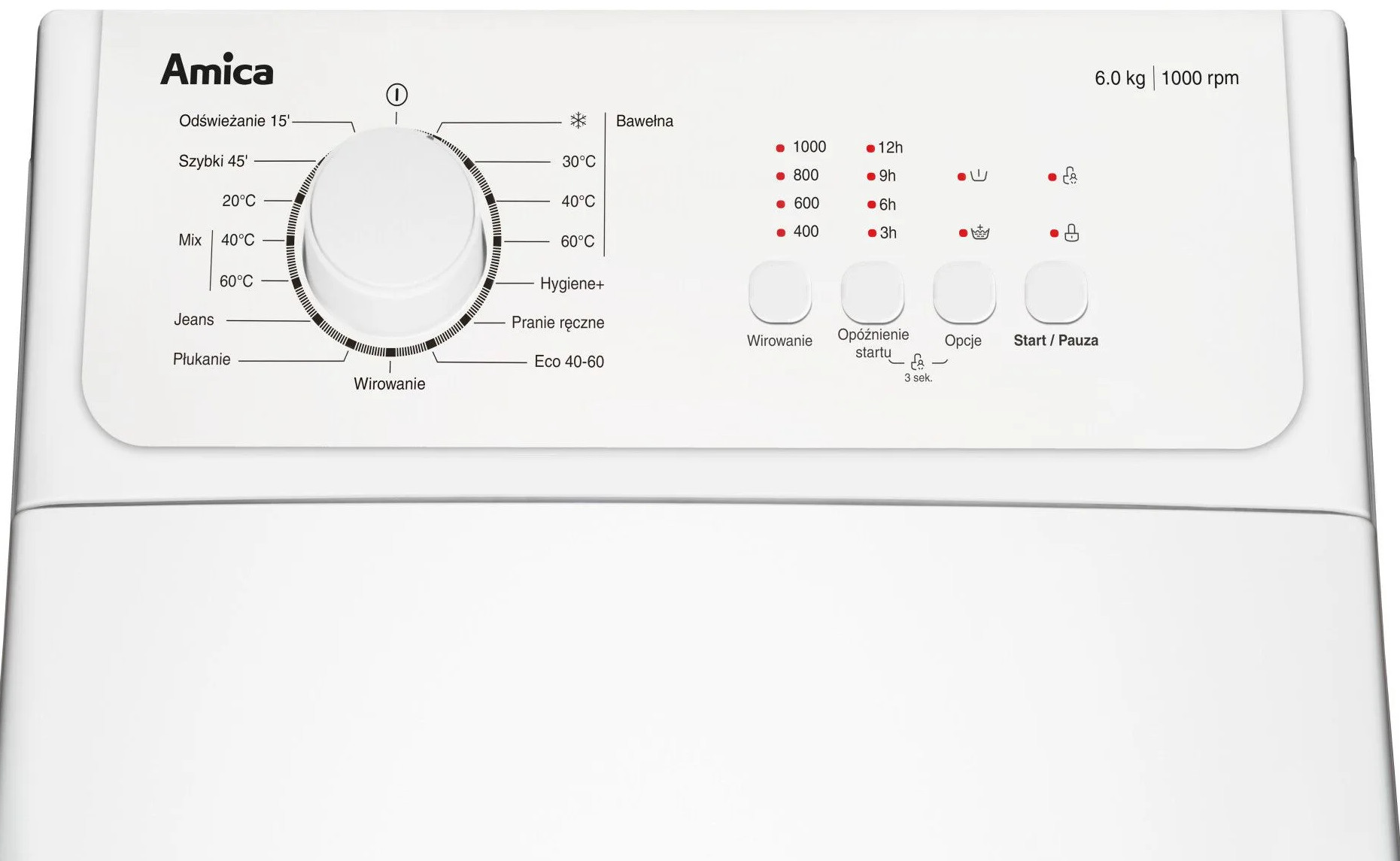 Panel sterowania pralki z różnymi ustawieniami i opcjami prania.