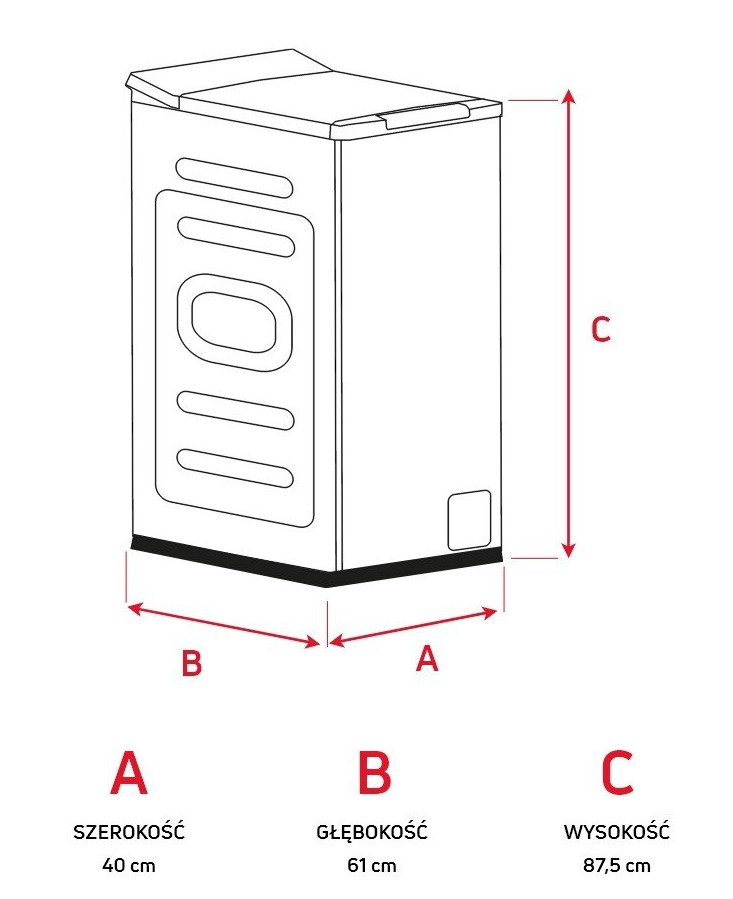 Schemat pralki z wymiarami w języku polskim, pokazujący szerokość, głębokość i wysokość.