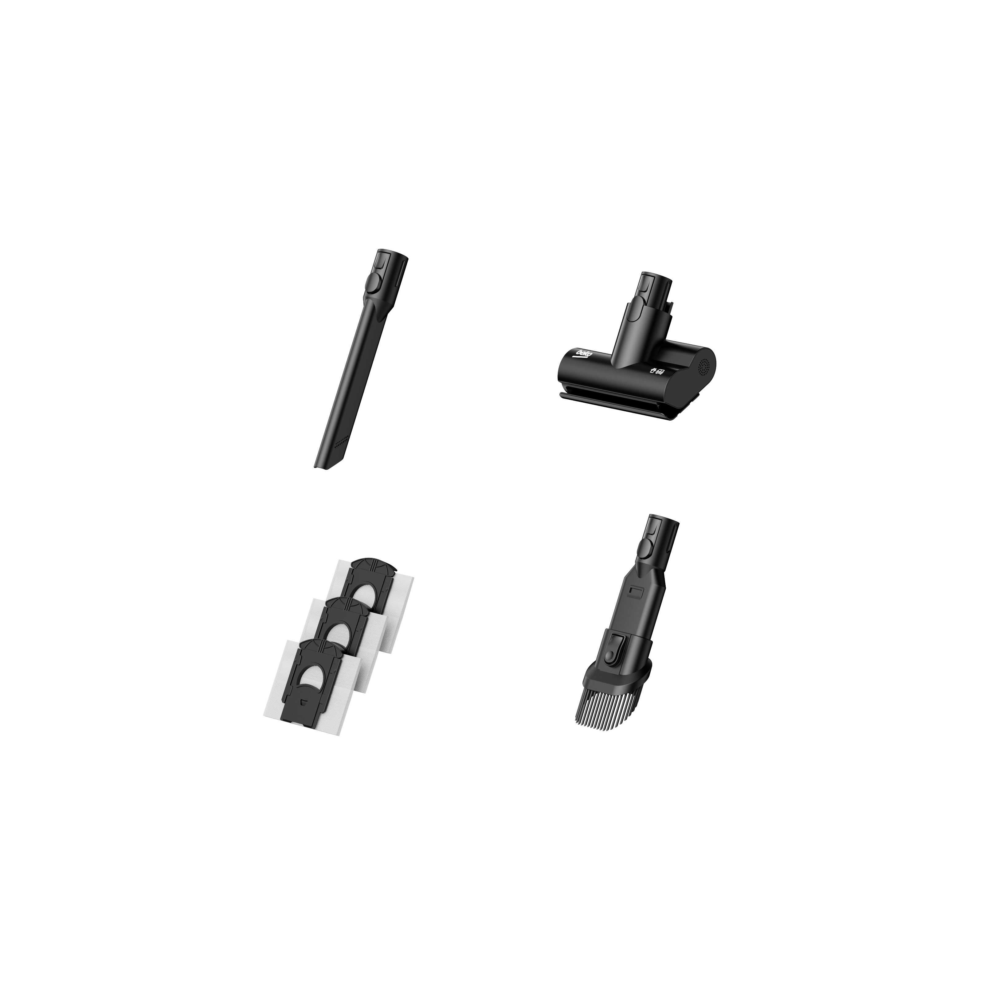 Końcówki do odkurzacza. Cztery czarne elementy.