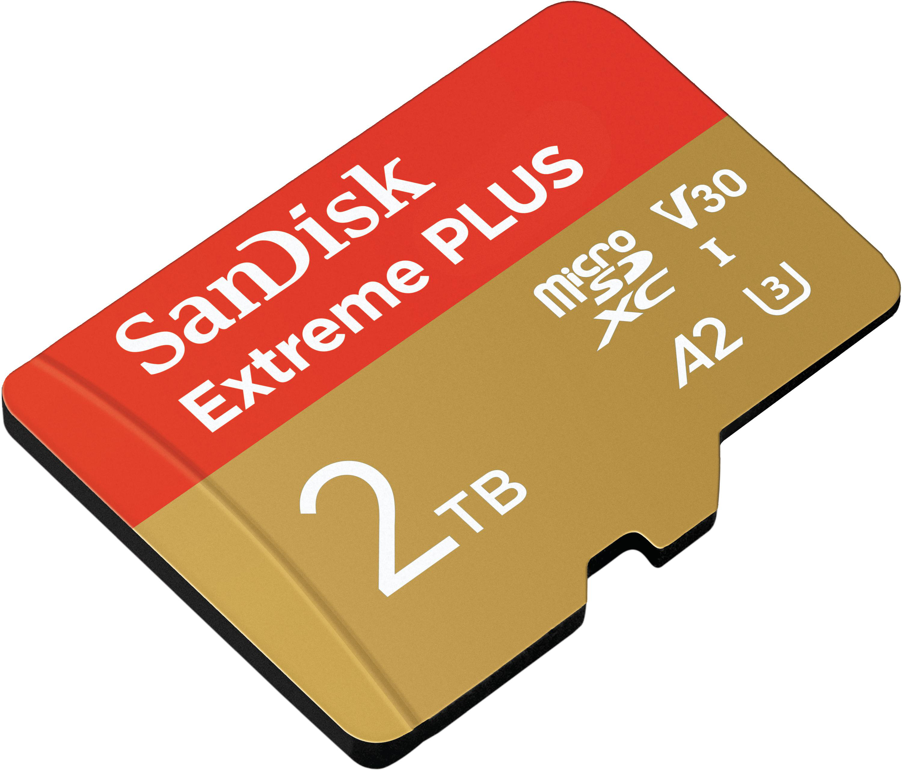 Eine SanDisk Extreme Plus microSD-Karte mit 2 TB Kapazität, in Gold und Rot.