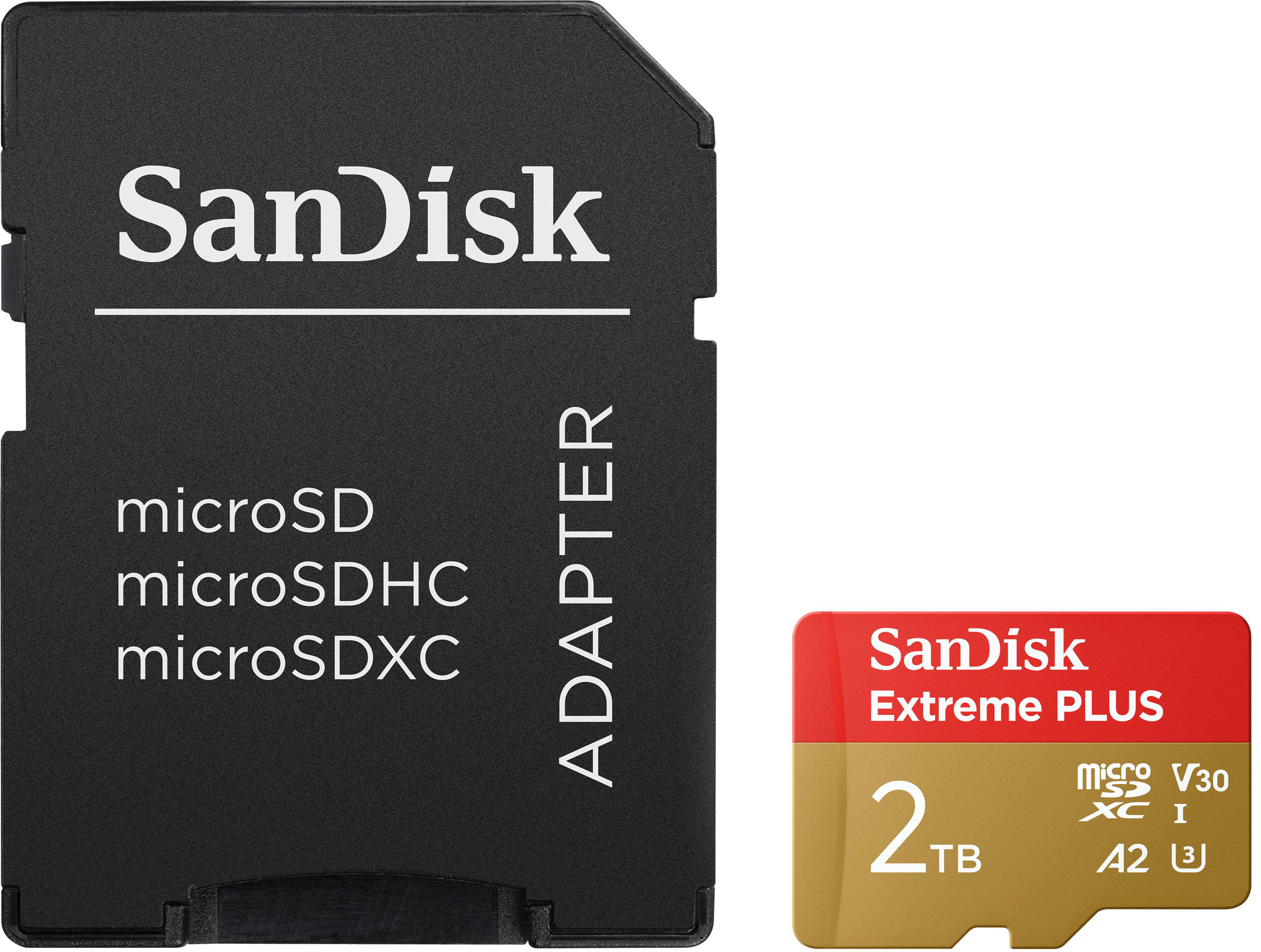 SD-Kartenadapter und eine rot-goldene 2TB Micro-SD-Karte.