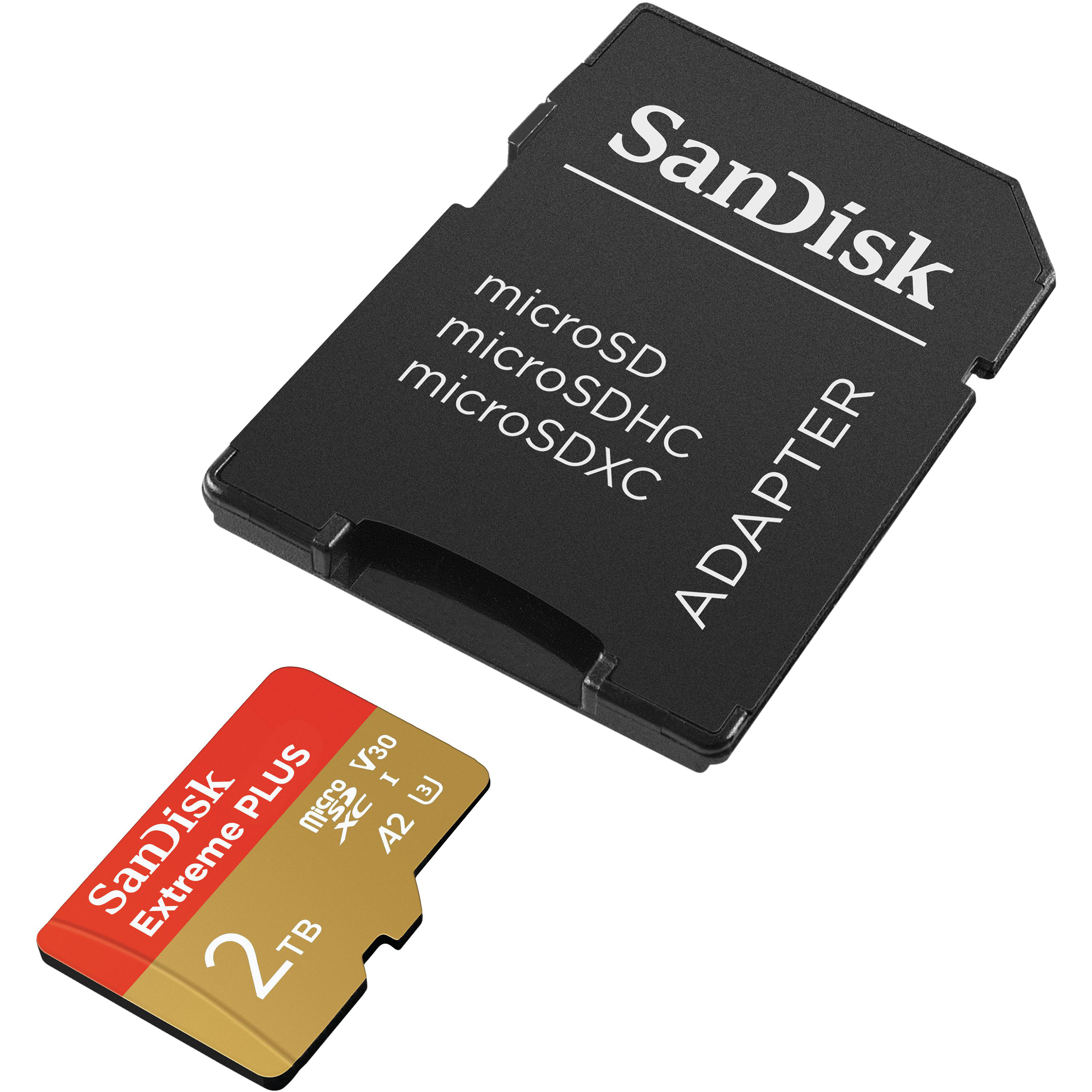Eine SanDisk Speicherkarte und ein Adapter. Die Karte ist rot und gold.