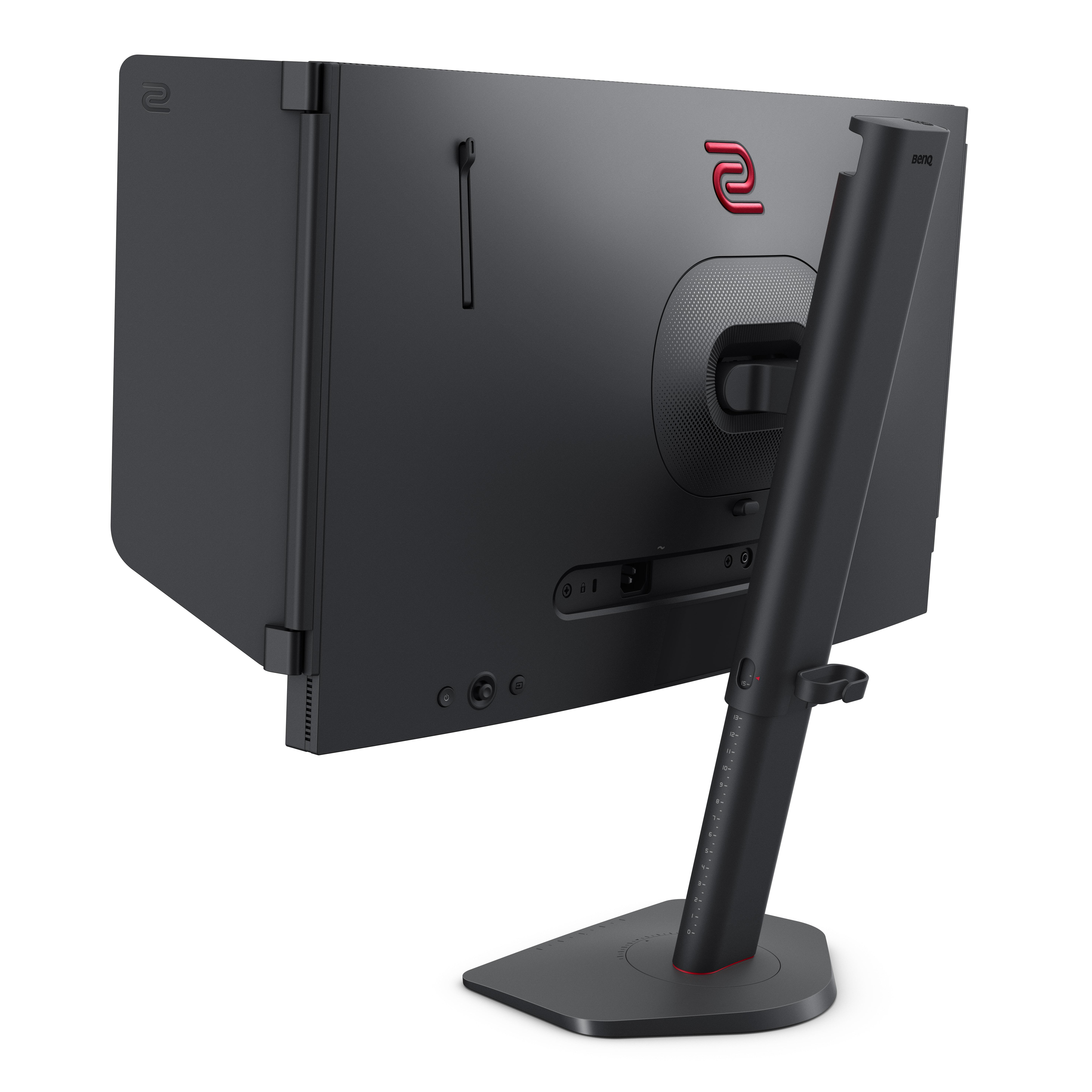 Schwarzer Computermonitor. Das BenQ-Logo ist sichtbar. Rückansicht, mit Ständer und Anschlüssen.