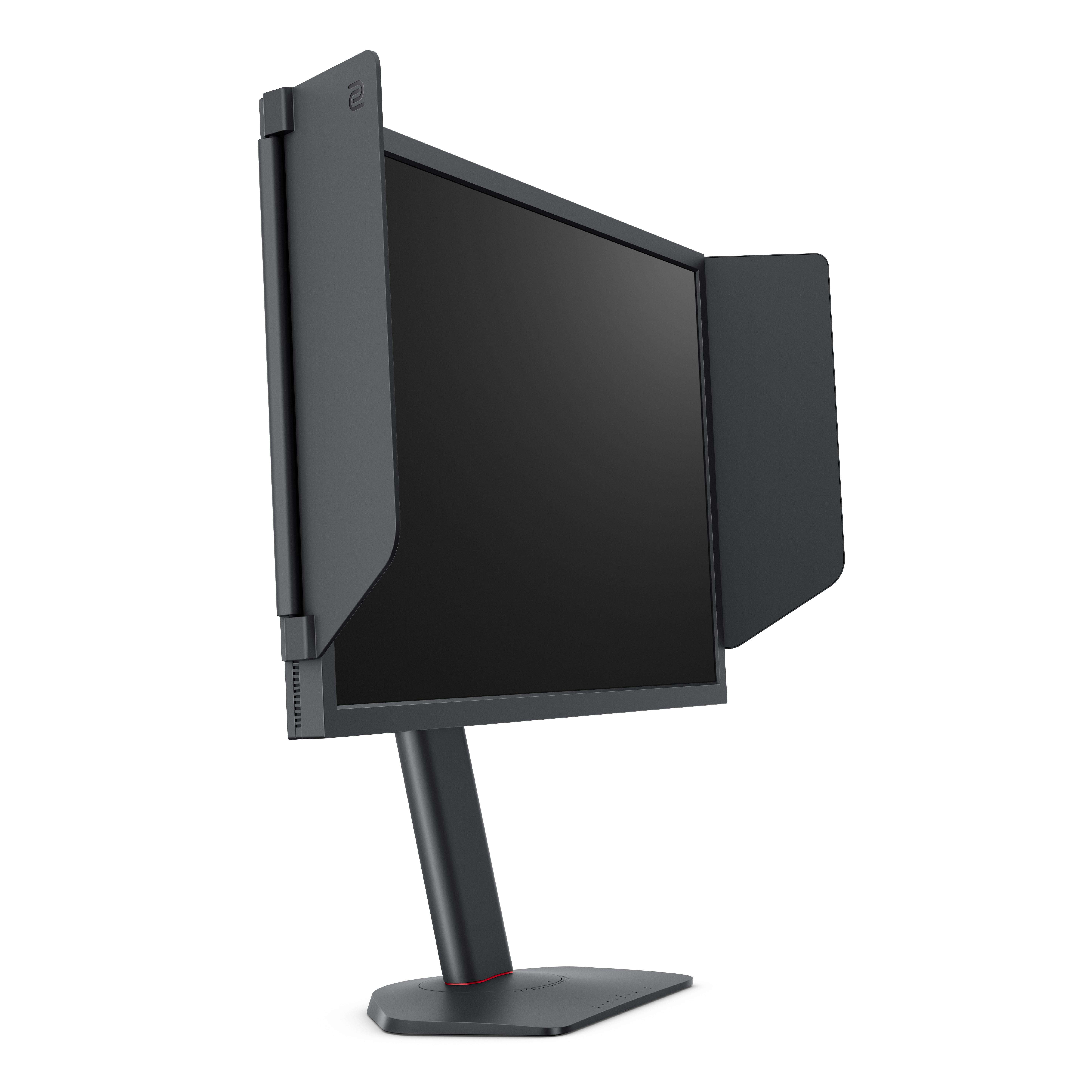 Seitenansicht eines schwarzen Computermonitors mit angebrachten Seitenblenden.