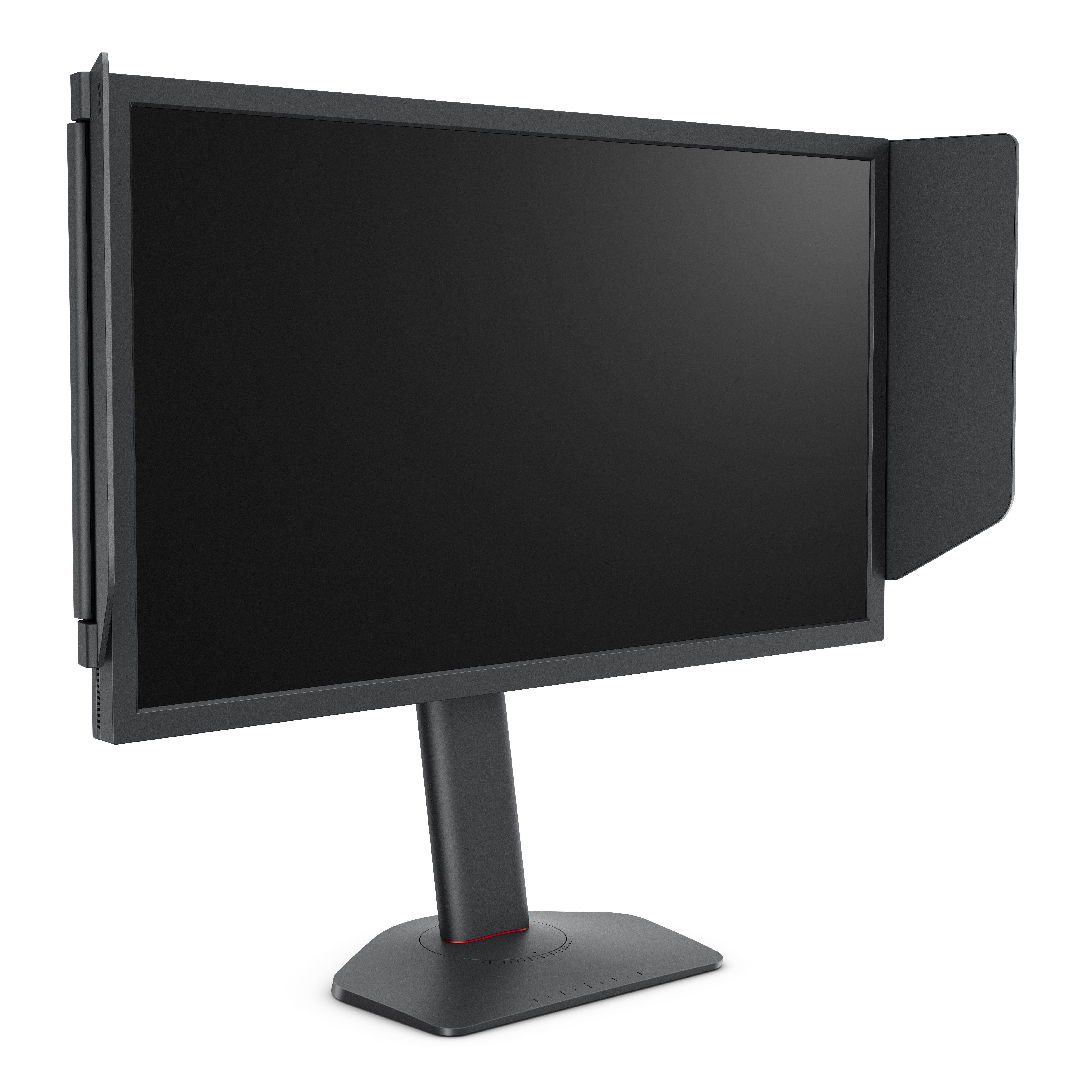 Schwarzer Computermonitor mit angebrachtem Seitenschatten. Der Monitor steht auf einem Ständer.