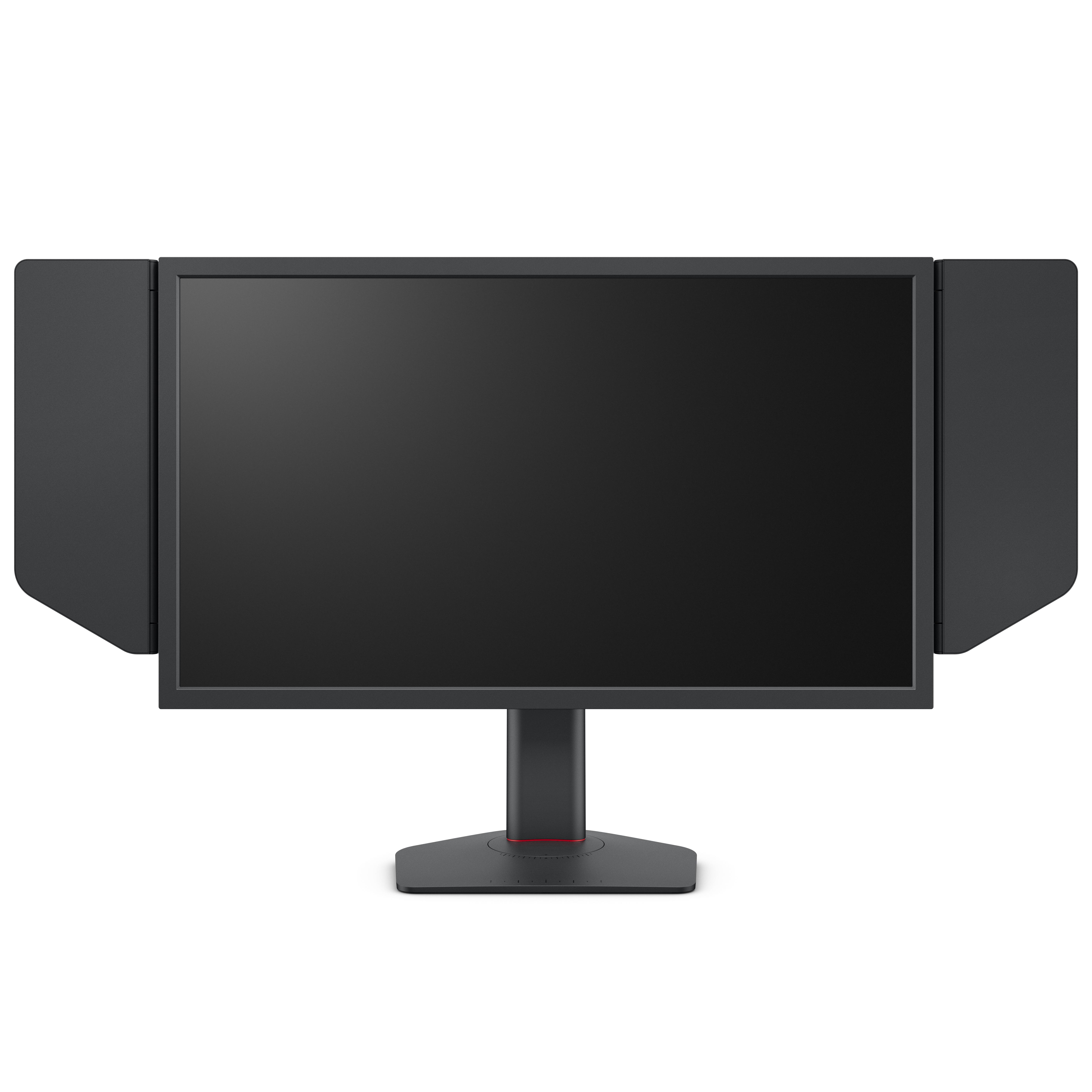 Schwarzer Computermonitor mit Seitenschutz auf einem schwarzen Ständer.