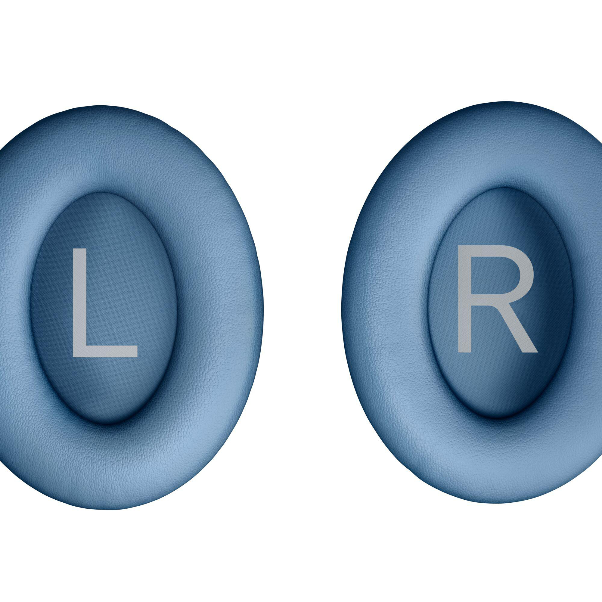 Zwei blaue Ohrmuscheln von Kopfhörern. Der Buchstabe 'L' links und 'R' rechts.