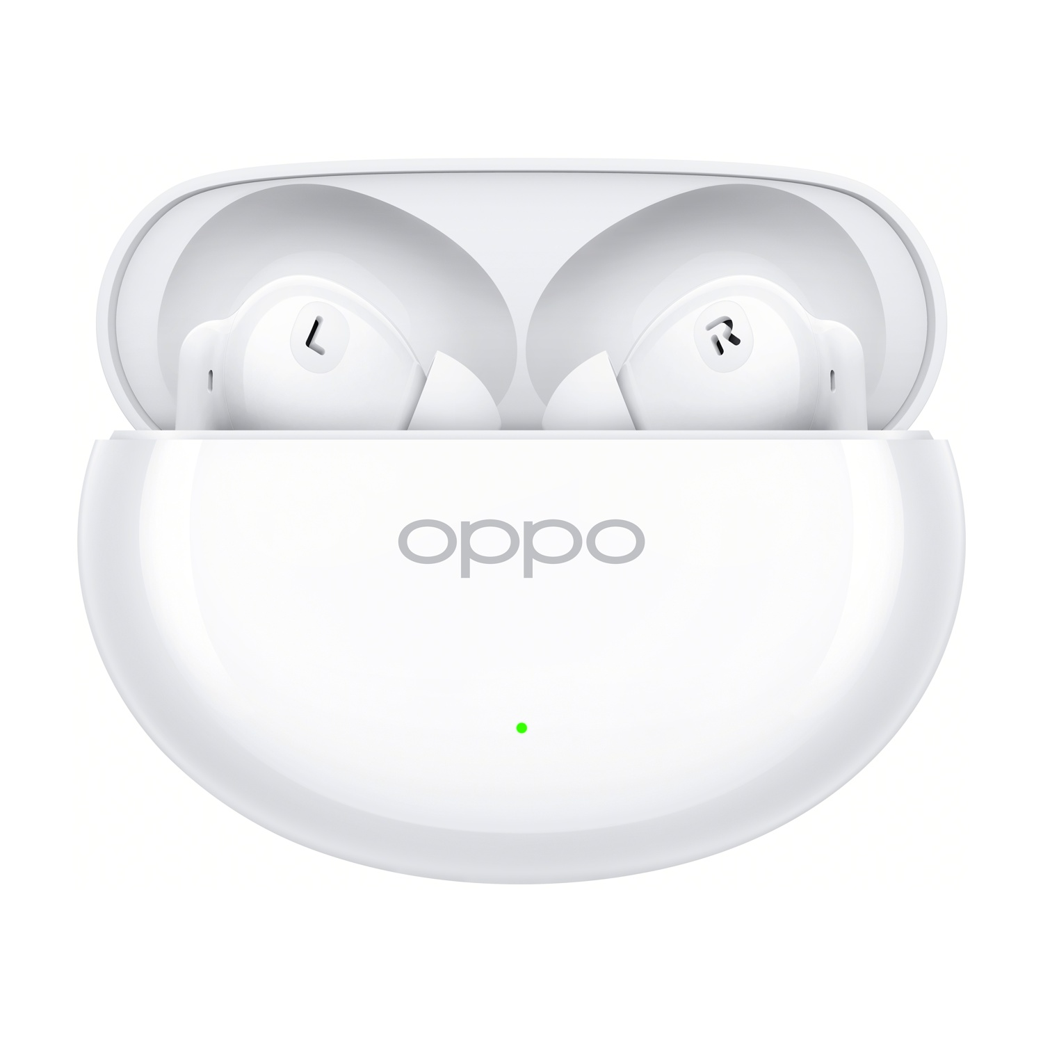 Auricolari Oppo bianchi nella loro custodia di ricarica, con il logo del marchio.