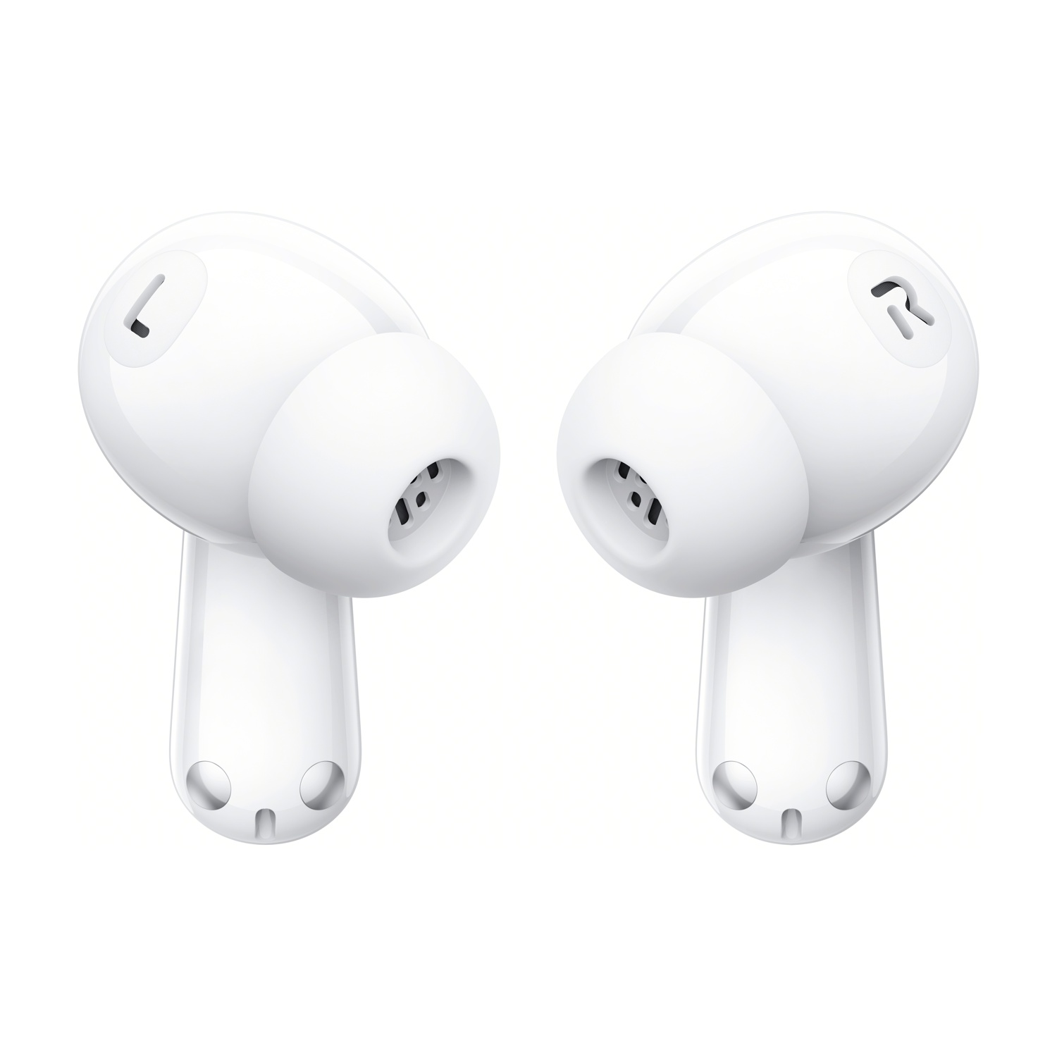 Due auricolari wireless bianchi, ciascuno con un auricolare e le lettere 'L' e 'R'.