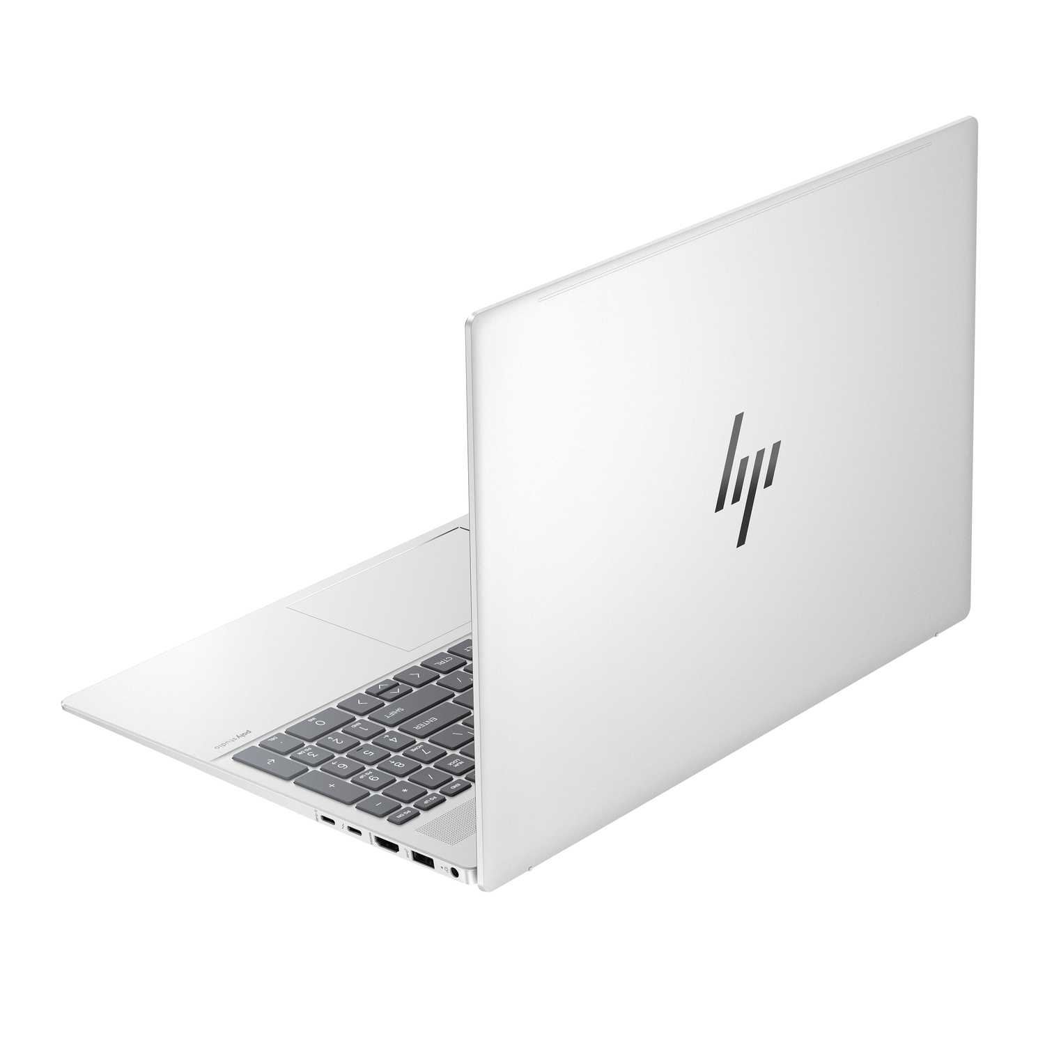 Witte laptop met open deksel, toetsenbord en scherm zichtbaar. HP-logo zichtbaar op de cover.