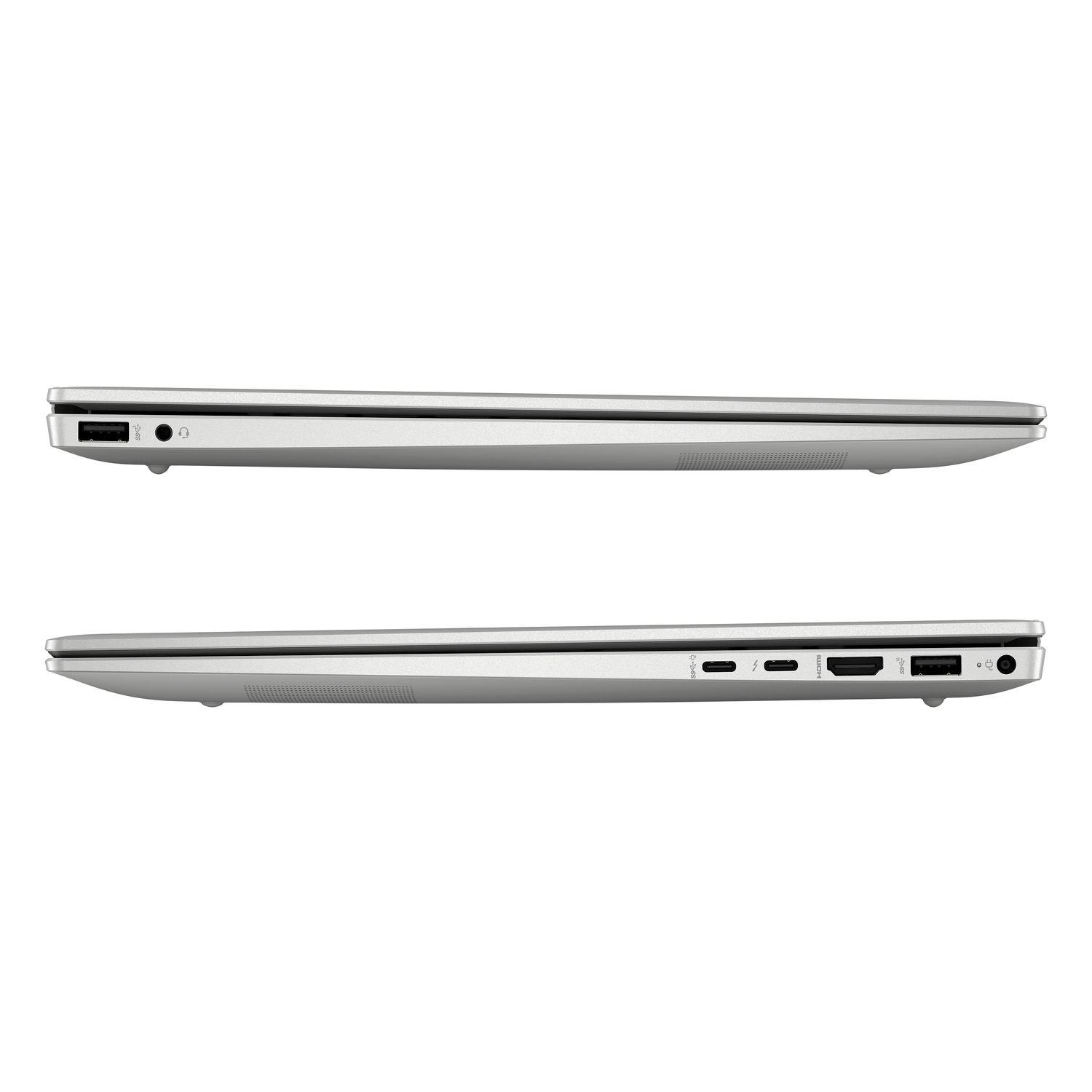 Twee kanten van een zilveren laptop. Poorten zijn aan beide kanten zichtbaar. De laptop is gesloten.