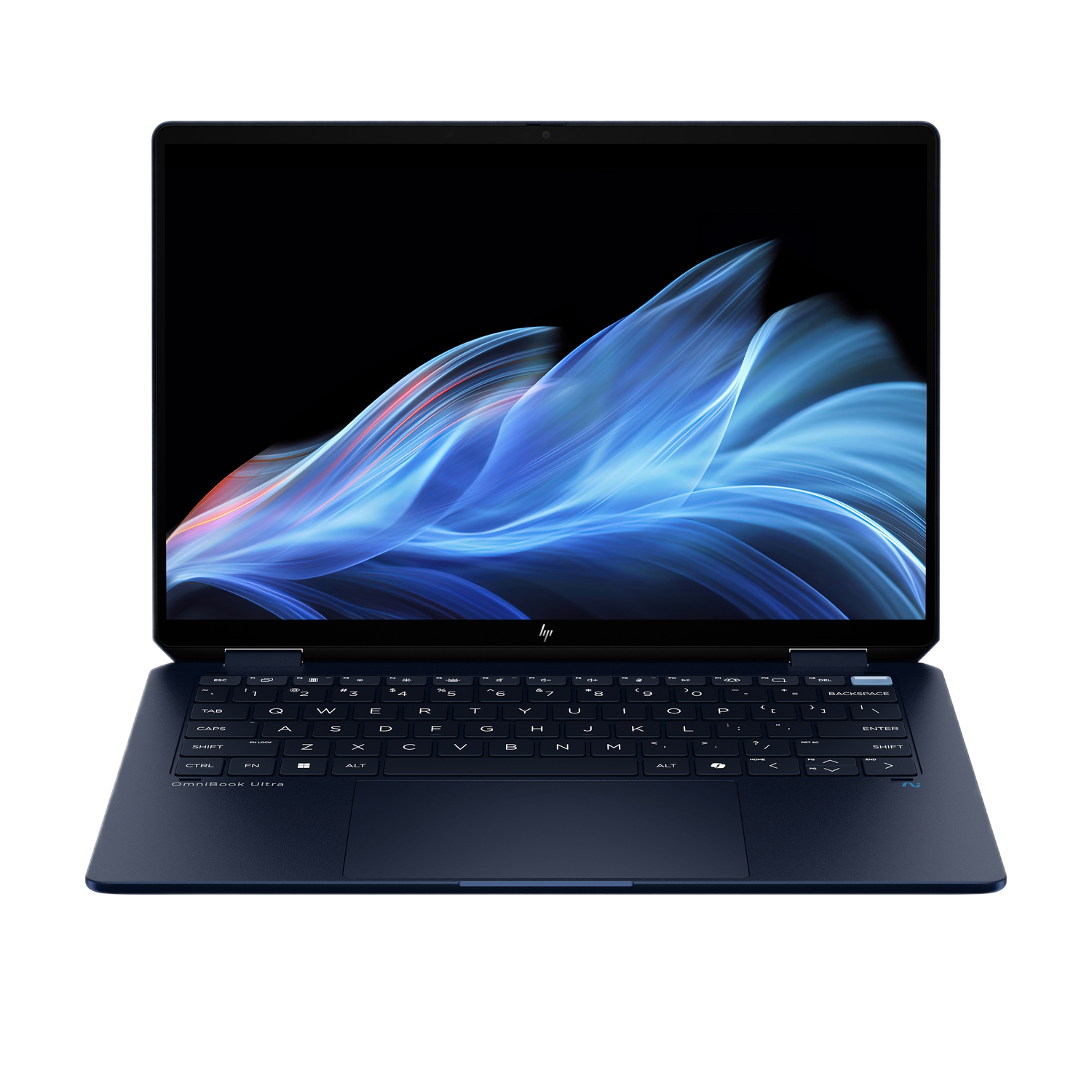A dark blue laptop with an open display. The screen shows blue and white colors.