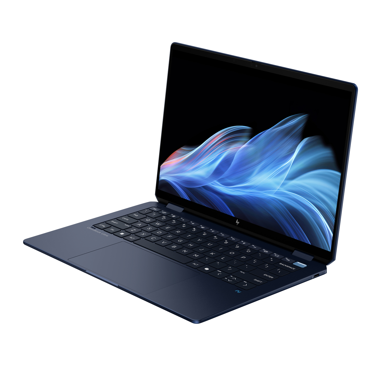 A blue laptop open to show a vibrant, abstract blue and purple design on the screen.