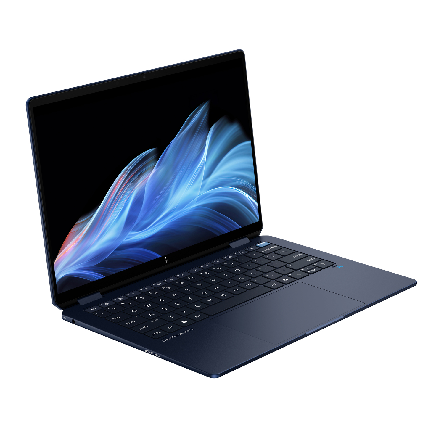 A blue laptop is open, displaying a colorful abstract design on the screen.