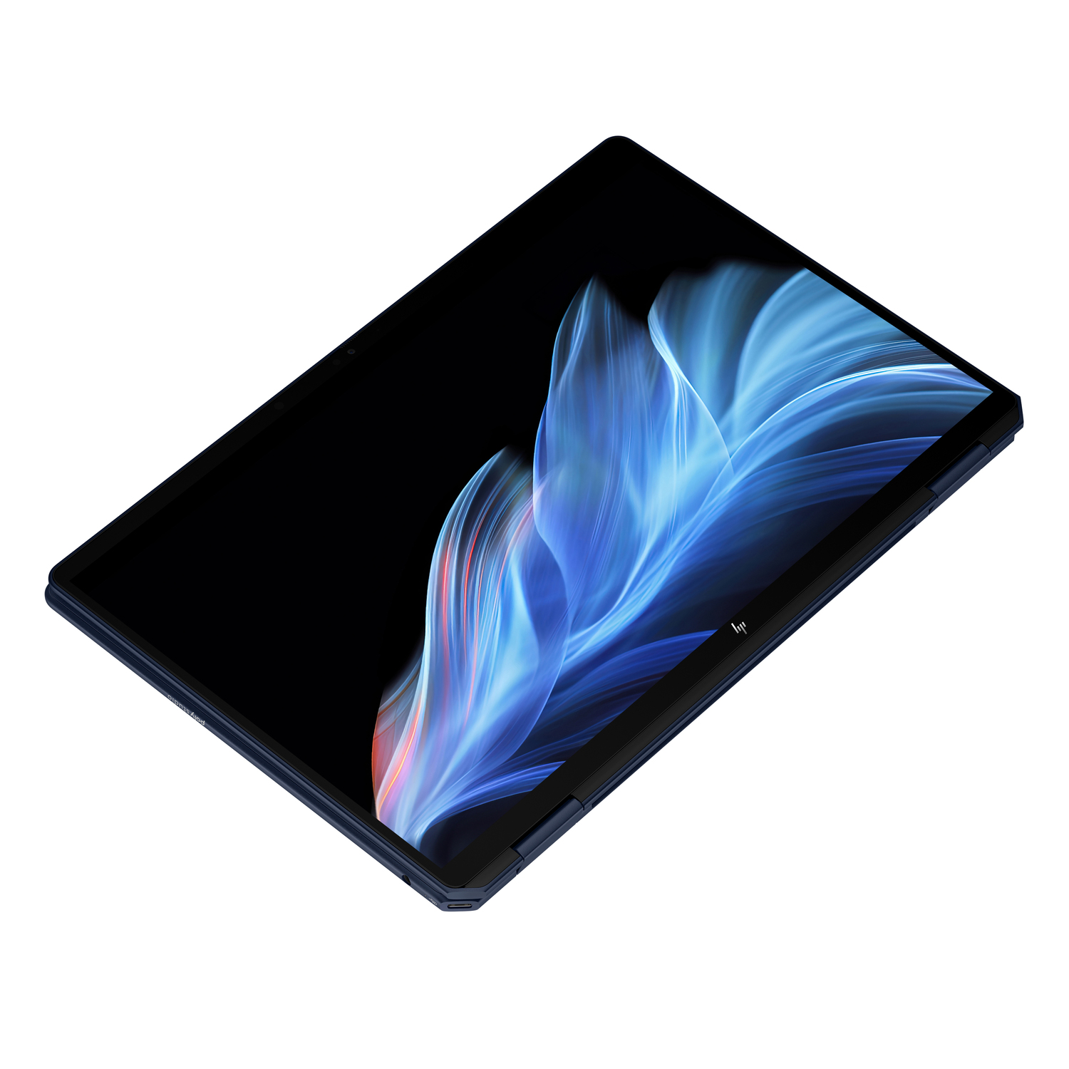 Blue laptop open, showing a colorful screen.