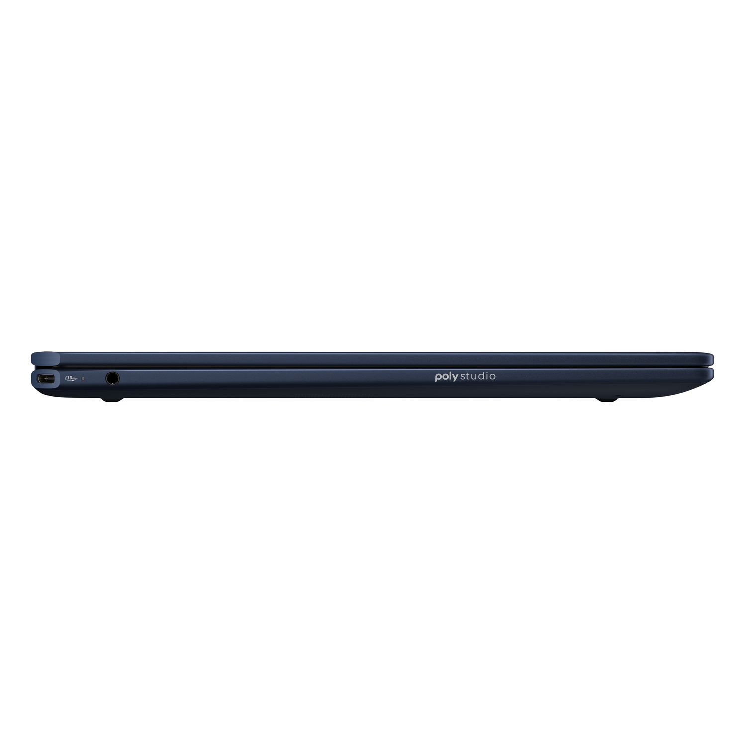 Blue laptop, closed, side view. The laptop has a brand name on it. White background.