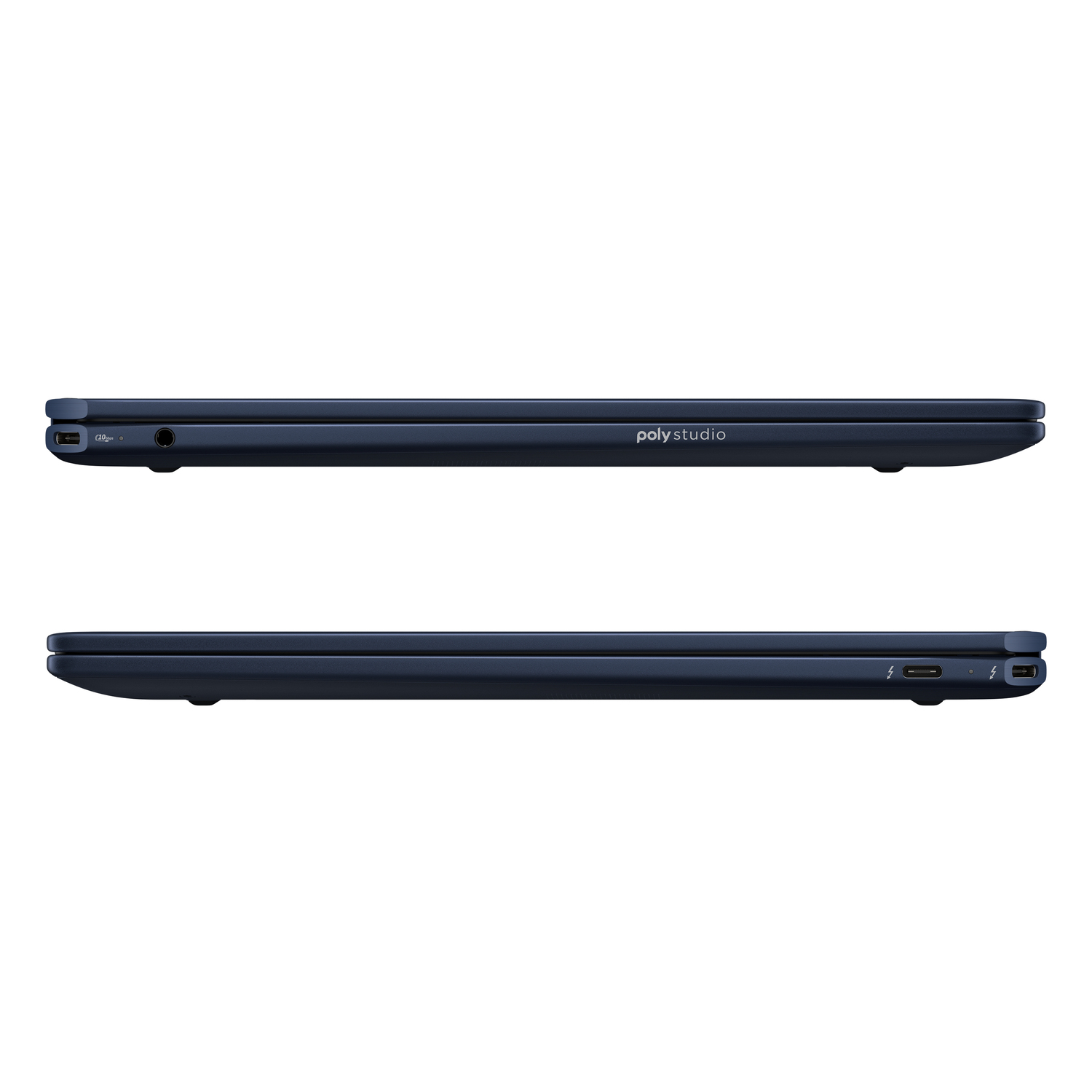 Two side views of a navy blue laptop, showing ports and the 'poly studio' logo.