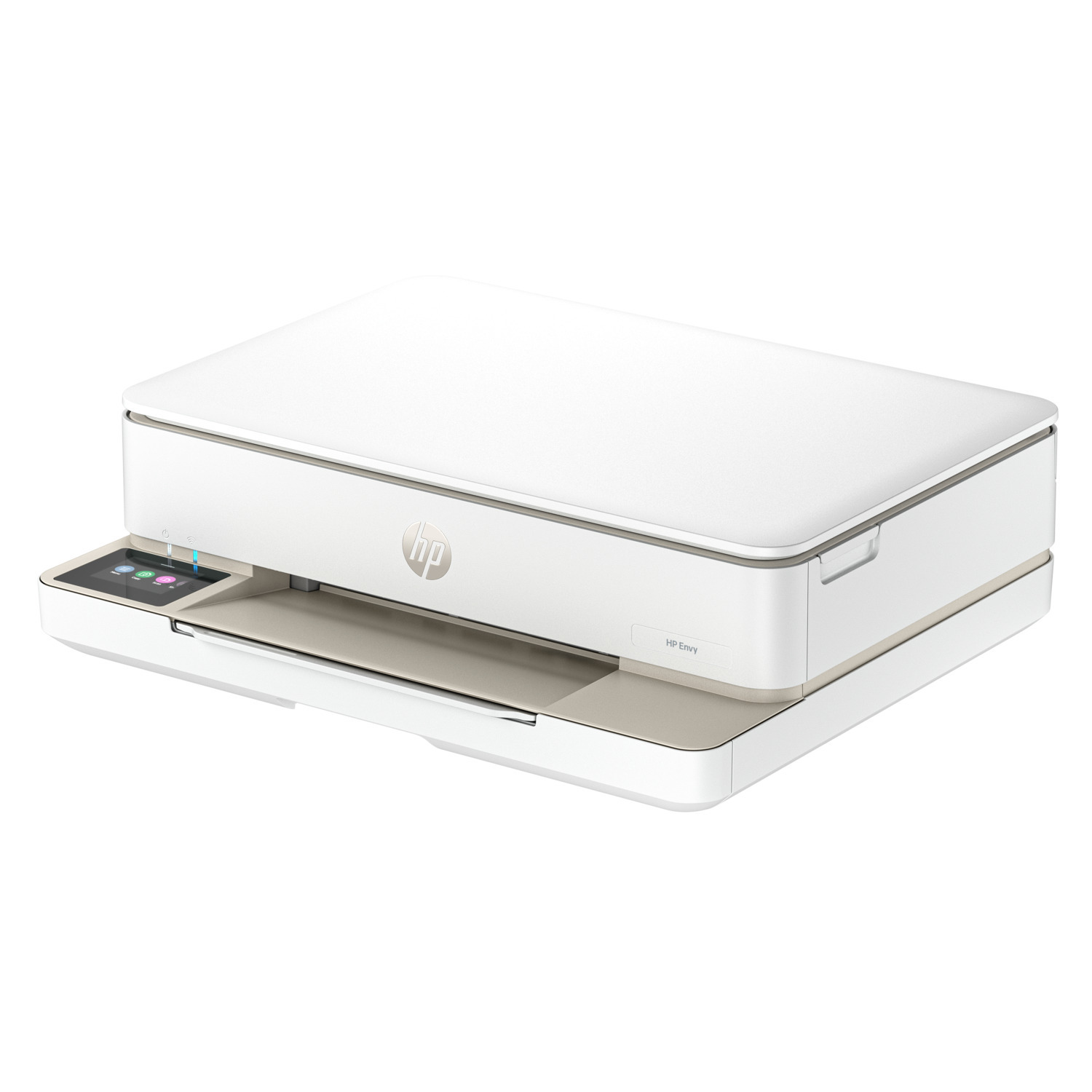 White printer with a small screen, tray extended. White background.