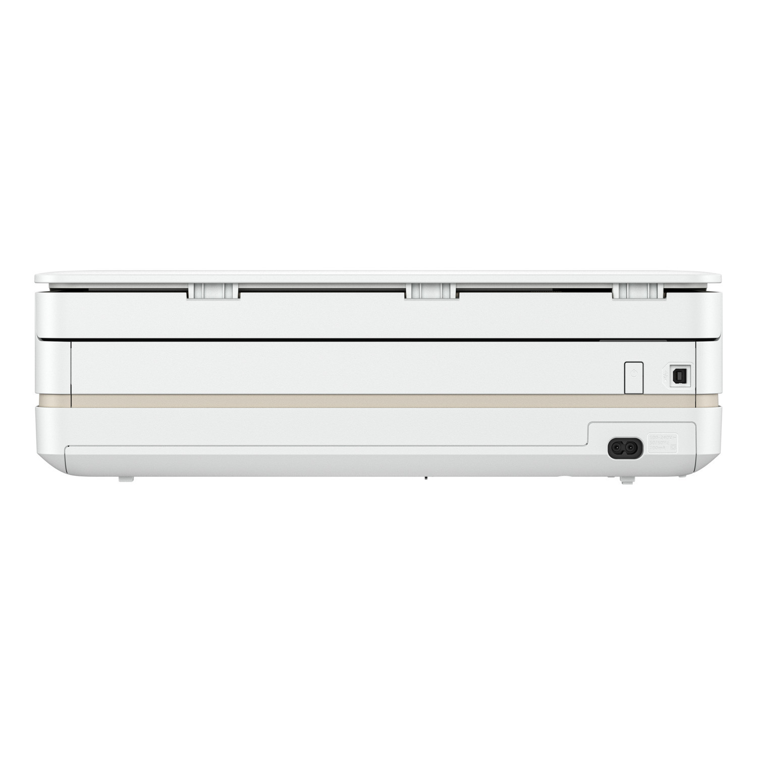 White and beige printer from a top view, showing the back panel with power and other ports.