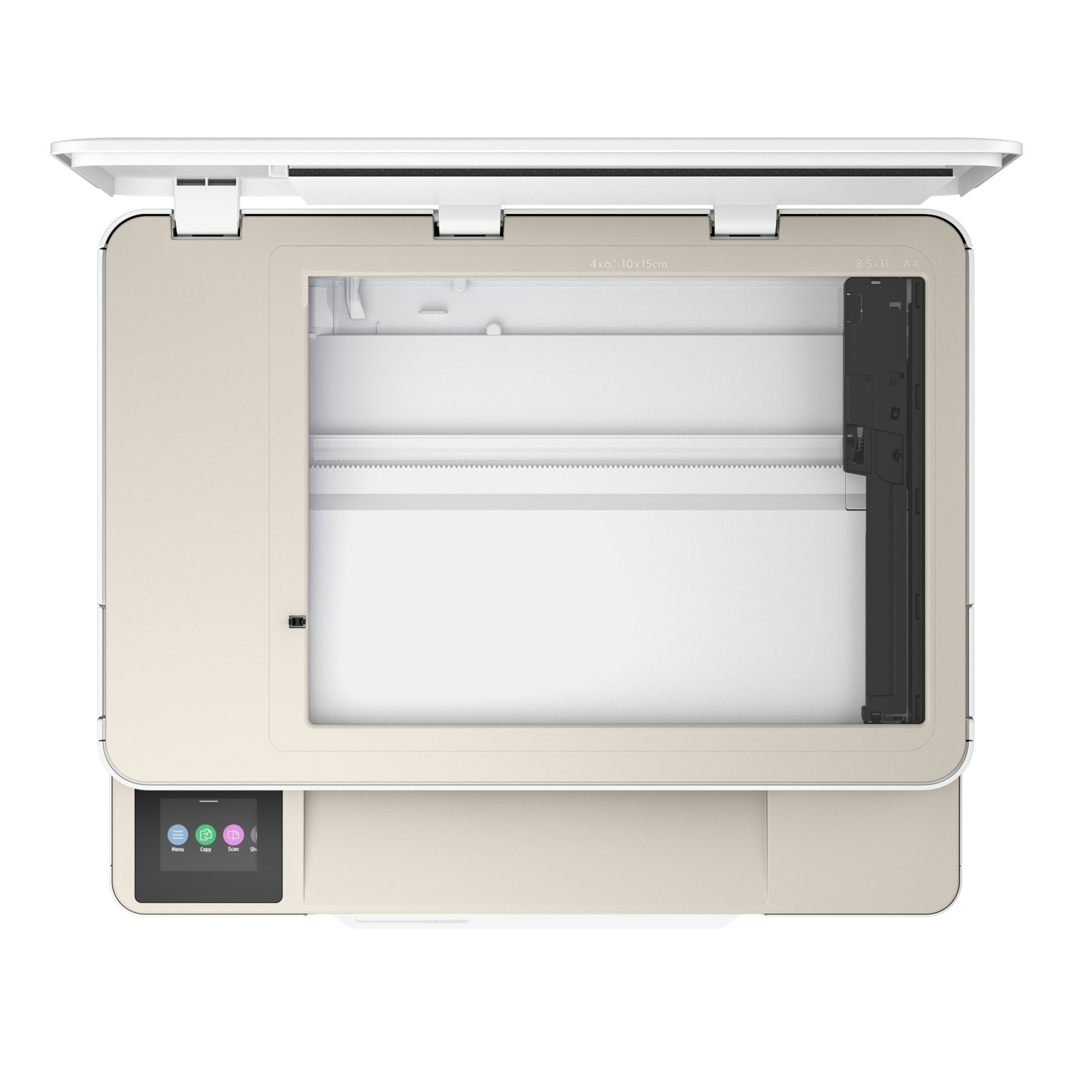 Overhead view of a beige printer with a top cover open on a white background.
