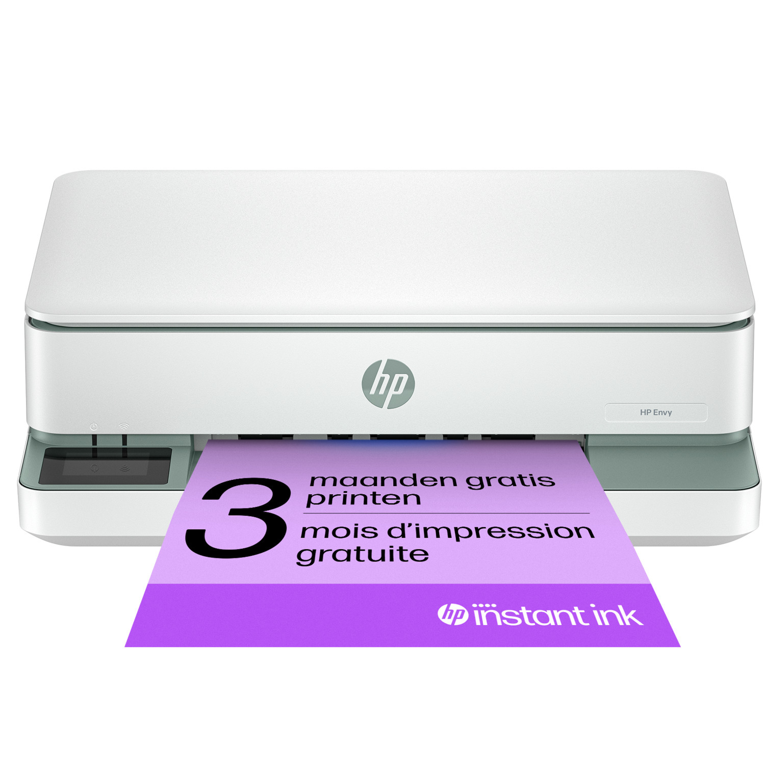 Imprimante HP Envy blanche avec papier violet indiquant 3 mois d'impression gratuite d'Instant Ink.