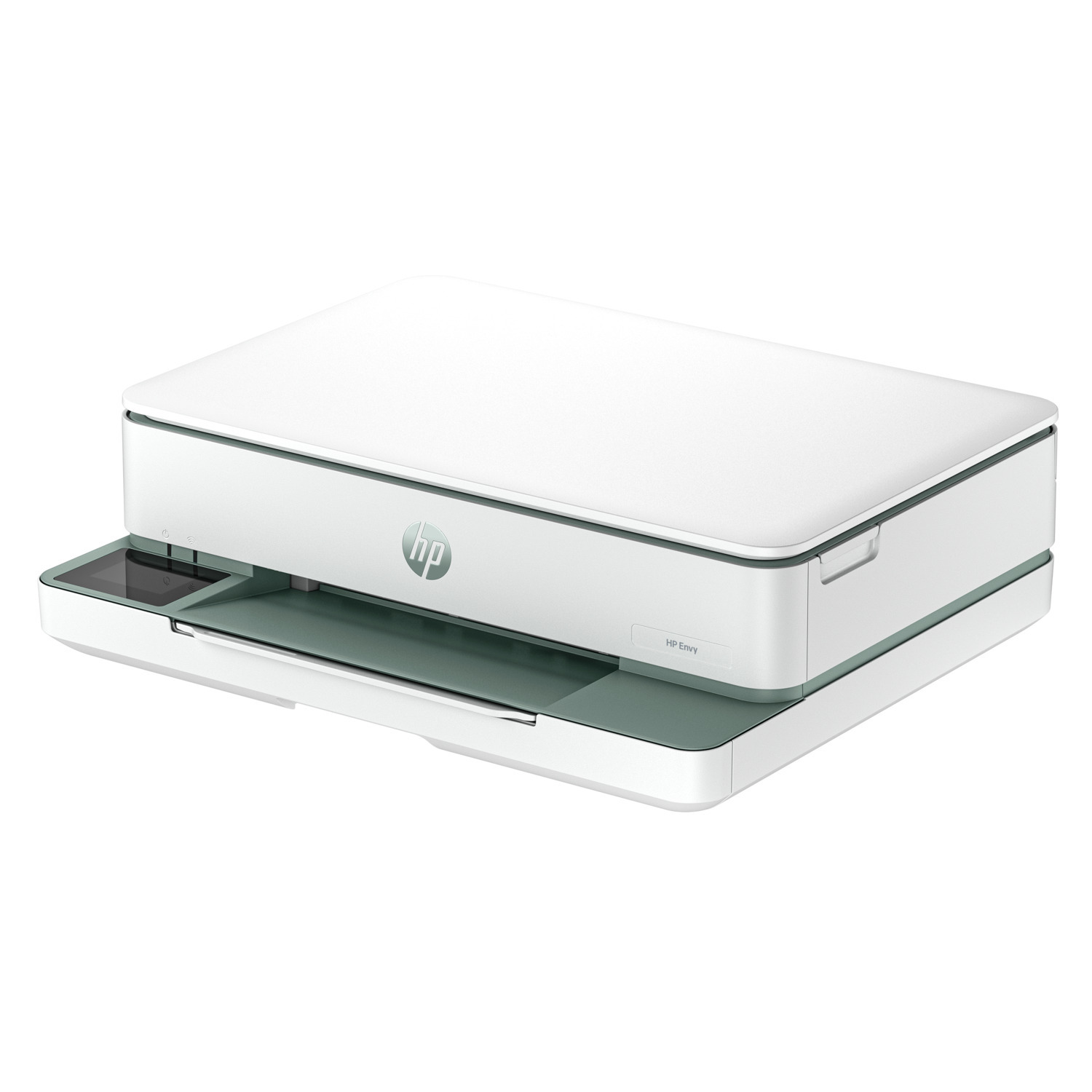 Une imprimante HP ENVY, blanche et verte, vue légèrement inclinée de dessus.