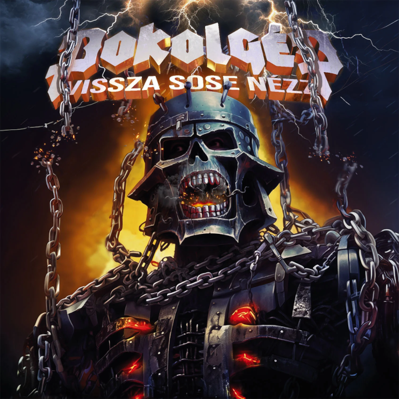 Album borító koponyával, láncokkal és villámlással, 'Bokogép' címmel.
