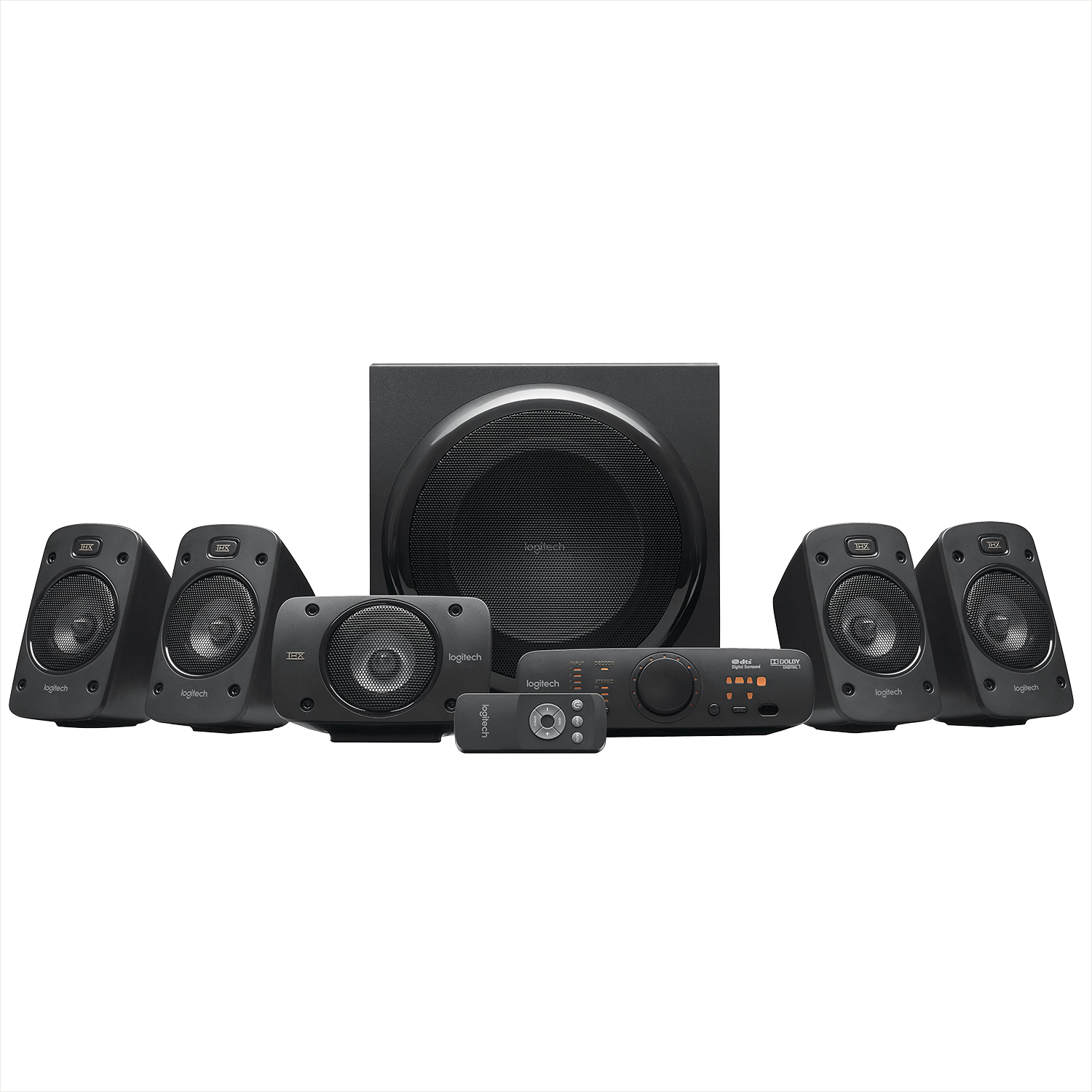 Ein schwarzes Heimkinosystem. Es enthält Lautsprecher, einen Subwoofer, eine Steuerzentrale und eine Fernbedienung. Alles schwarz.