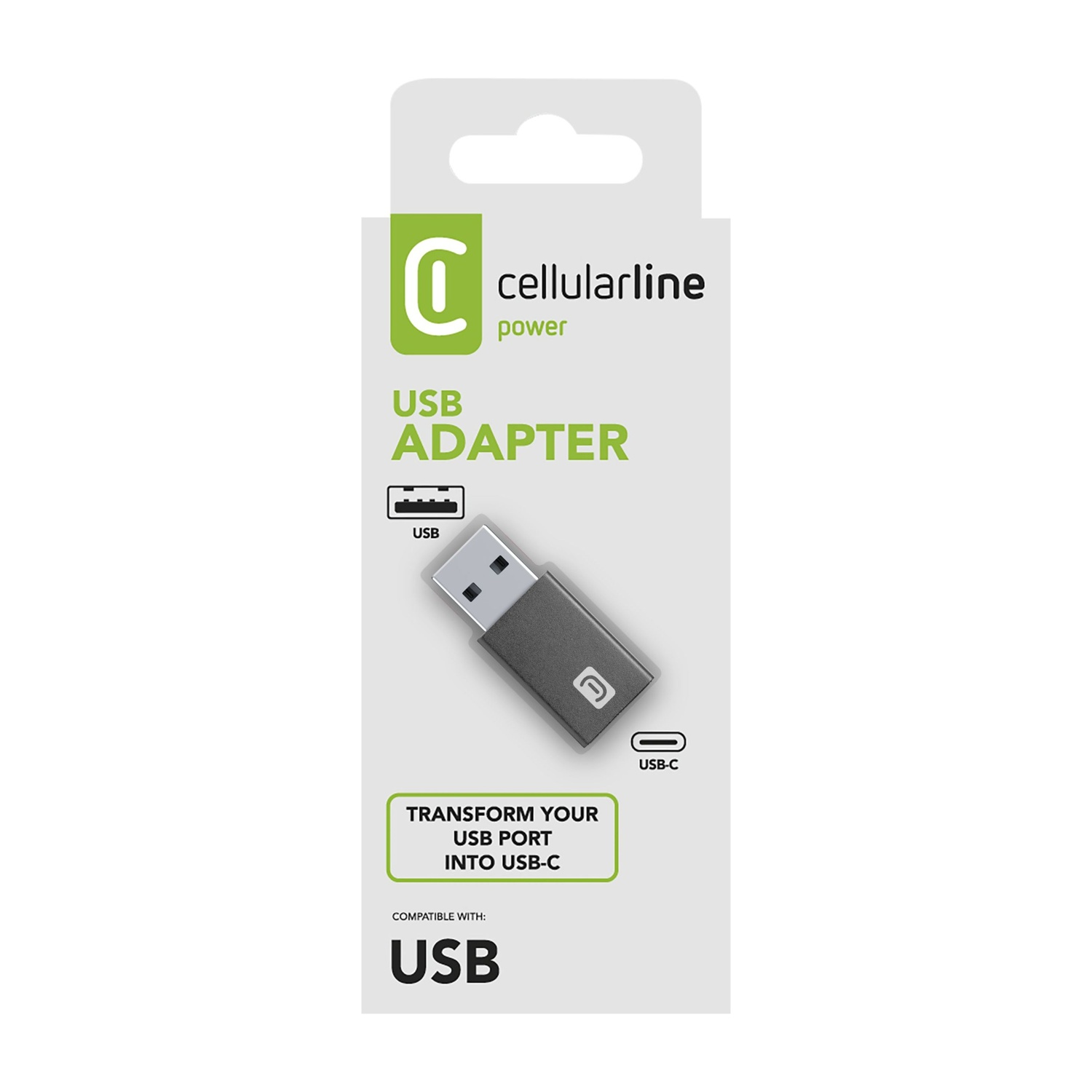 Adattatore USB in confezione con icone USB e USB-C.