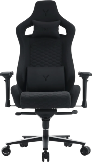 Ein schwarzer Gaming-Stuhl mit Kopfstütze und Lendenwirbelstütze. Er hat das ISX-Logo.