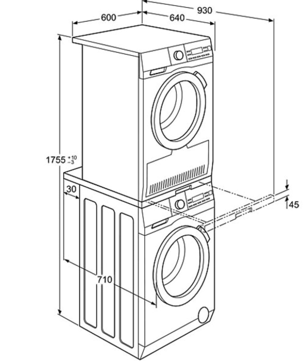 Schemat pralki i suszarki w stosie z wymiarami. Białe tło.