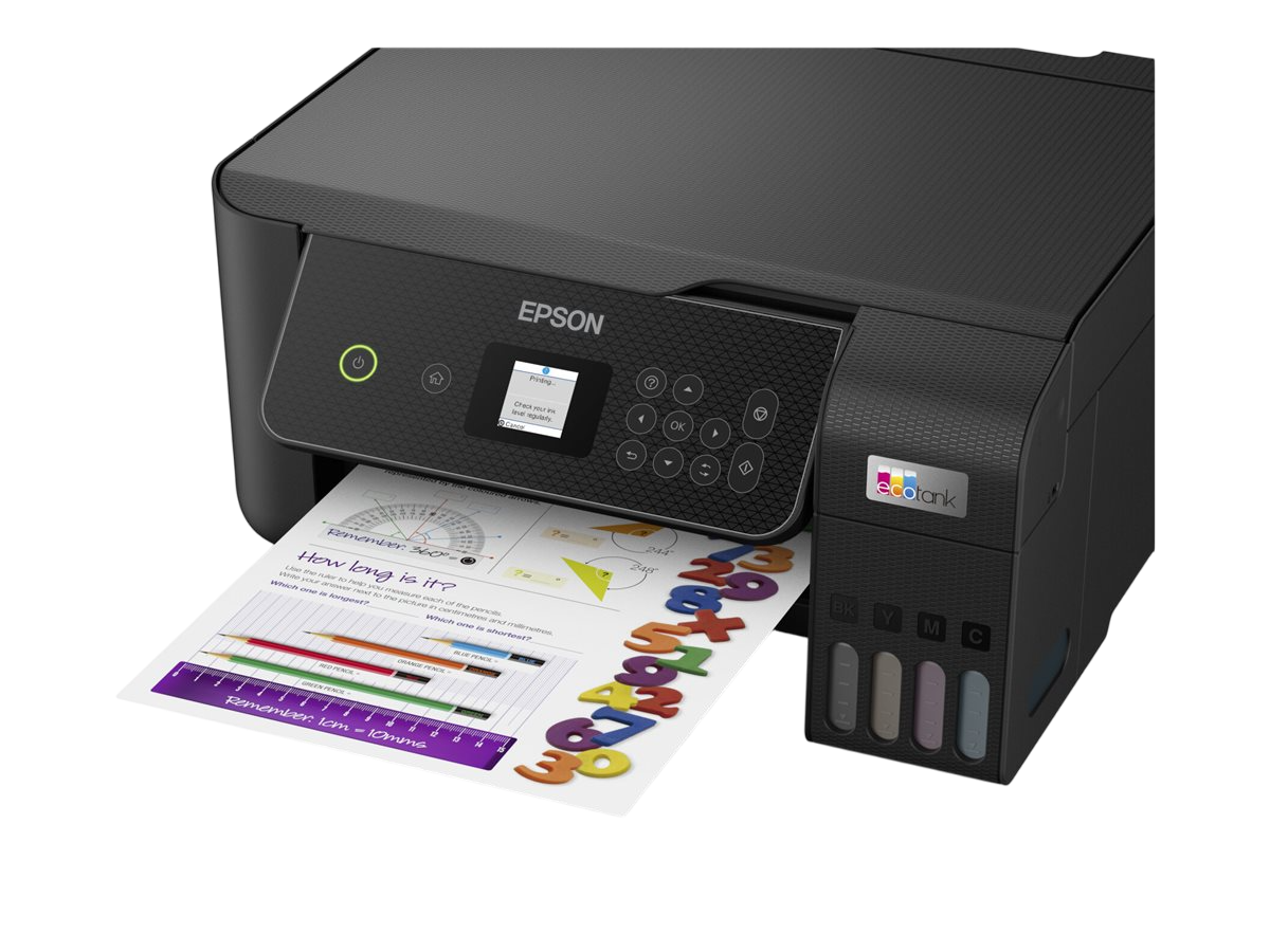 Epson-Drucker, der ein farbenfrohes Dokument druckt, mit Tintenbehältern an der Seite.