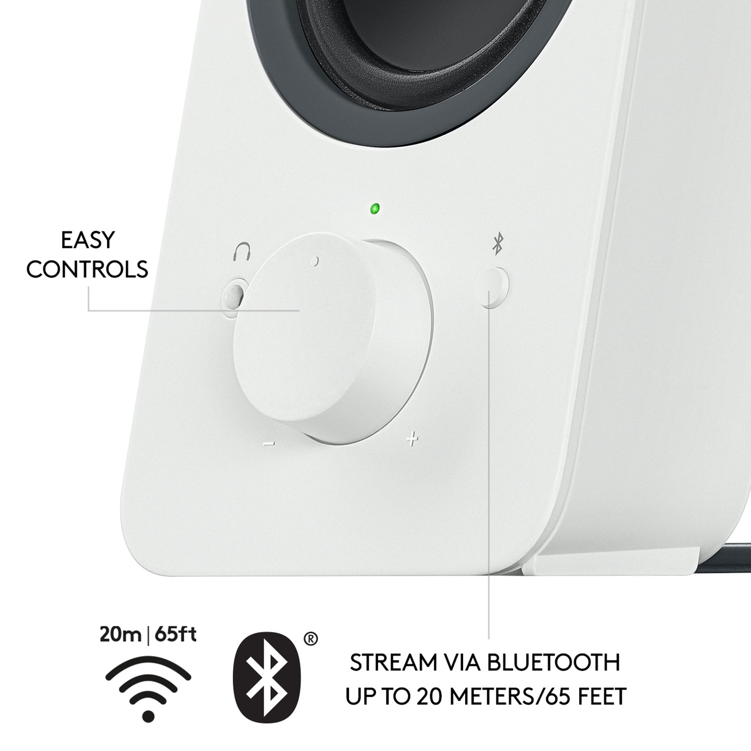 Witte luidspreker met bedieningselementen, tekst, wifi en Bluetooth.