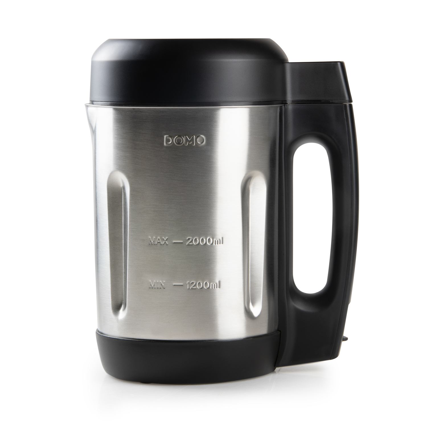 Stainless steel blender with black lid and handle, 'DOMO' text and volume markings on the front.