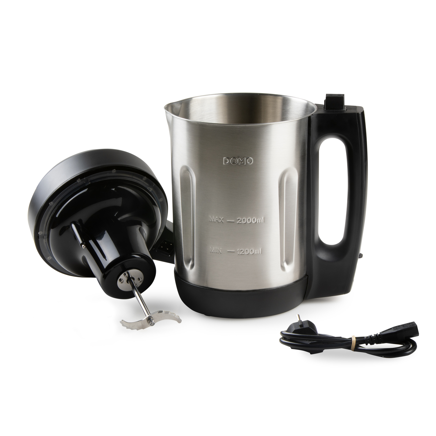 Stainless steel blender with black handle, disassembled with blade and power cord on white surface.