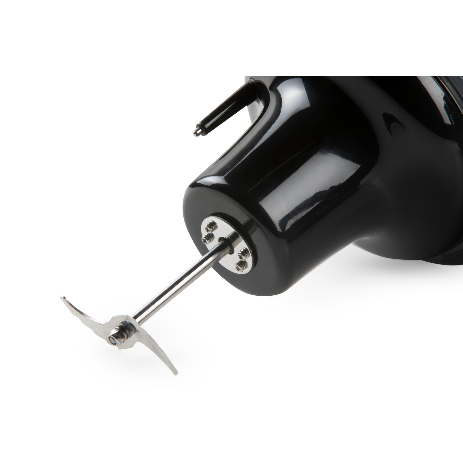Close-up of a black immersion blender. The blade and motor are visible against a white background.
