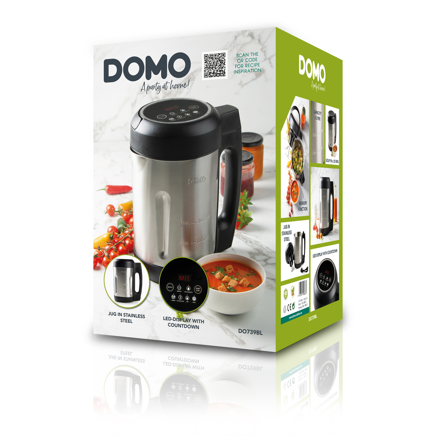 Box displays a stainless steel soup maker, a bowl of soup, and ingredient images. Text: DOMO, A party at home!