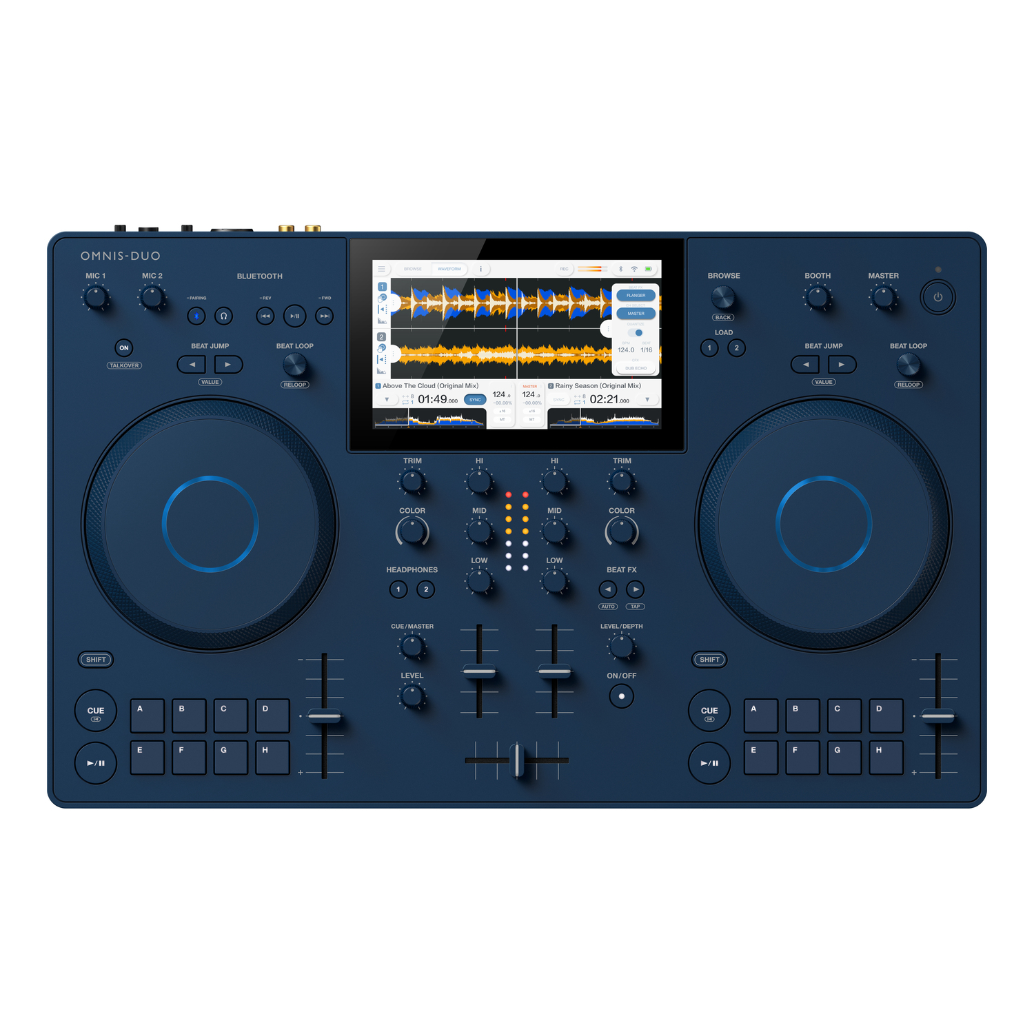 Een donkerblauwe DJ-controller met veel knoppen, knoppen en een scherm. Het scherm toont een golfvorm.