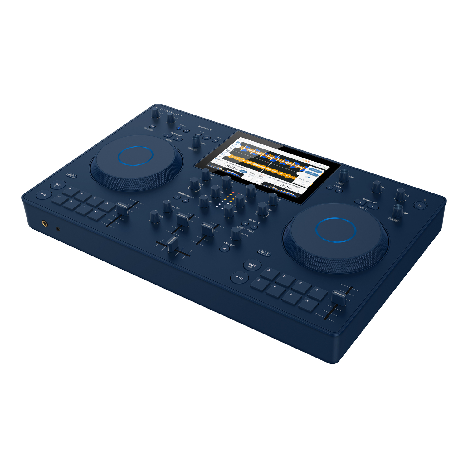Blauwe DJ-controller. Het heeft twee grote jogwheels en diverse knoppen en knoppen.