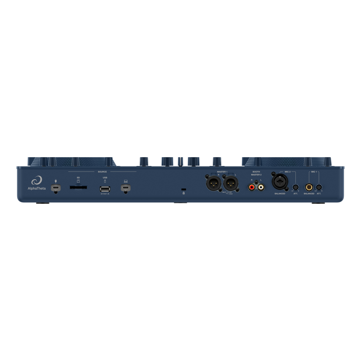 Blauwe DJ-controller met meerdere knoppen en ingangen, schuine weergave, witte achtergrond.