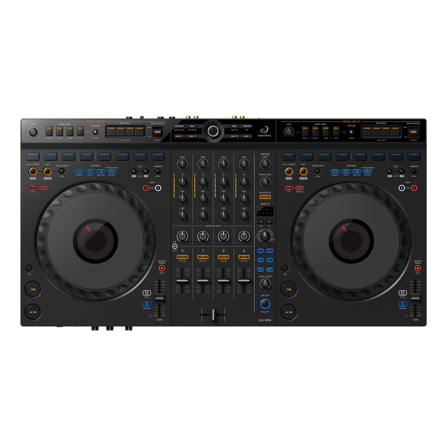 Black DJ controller with buttons, knobs, and two large circular jog wheels.
