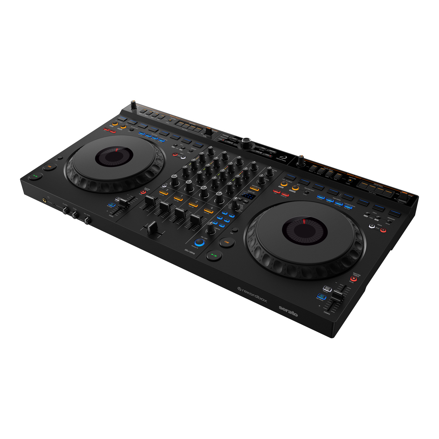 Black DJ controller with two turntables, many knobs and buttons.