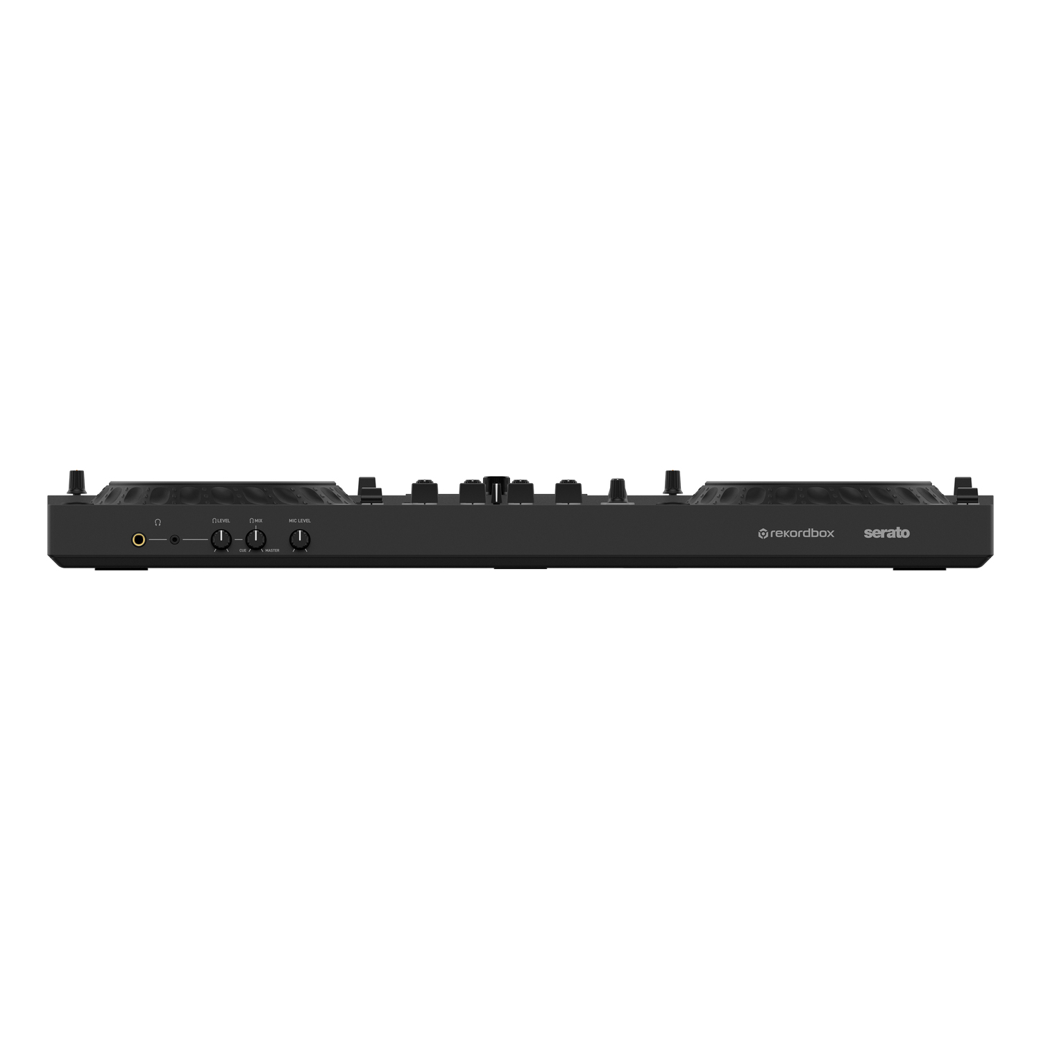 A black DJ controller with buttons and knobs. The brand is recordbox.