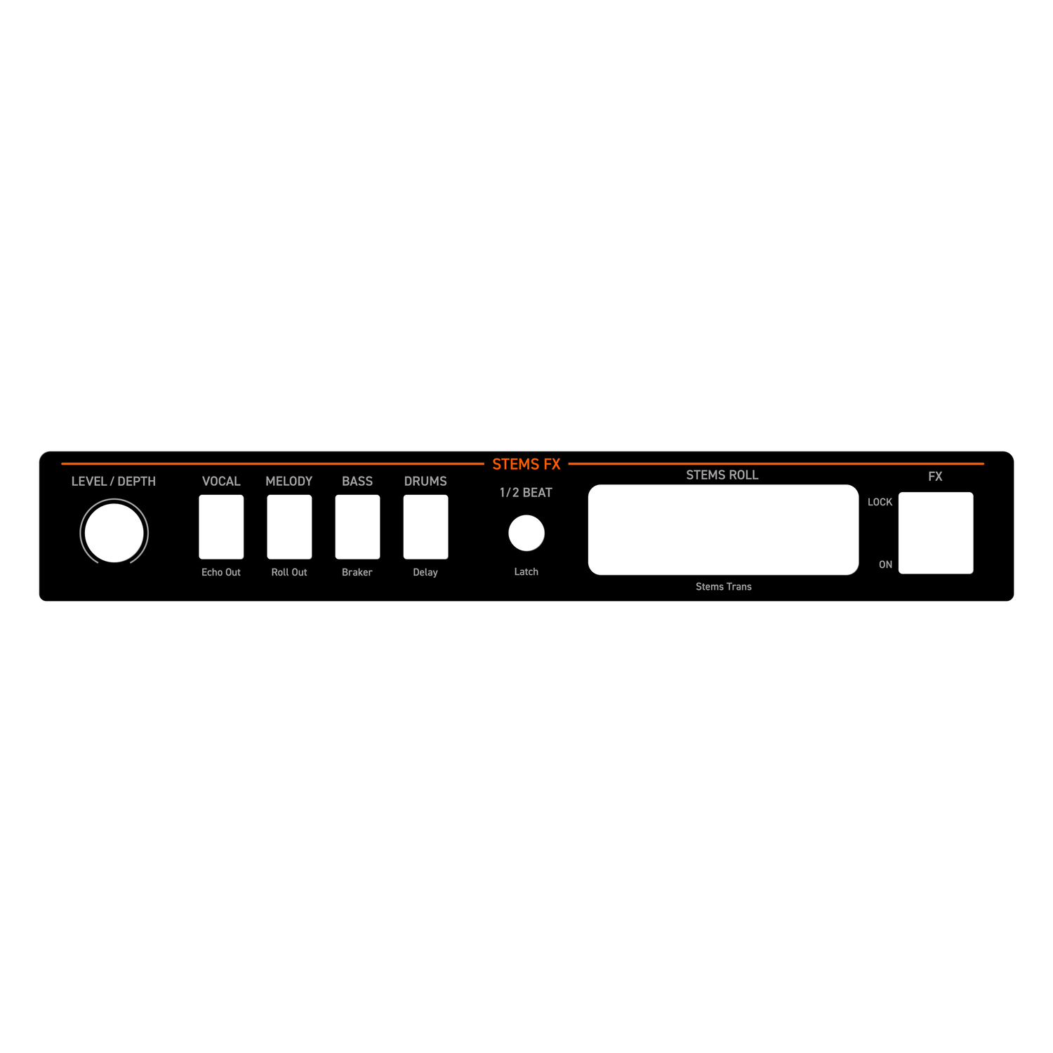 Black control panel with white text. It has buttons and labels for various audio effects.