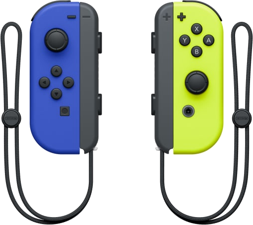 Zwei Nintendo Switch Joy-Con-Controller. Einer ist blau, der andere gelb, verbunden mit schwarzen Riemen.